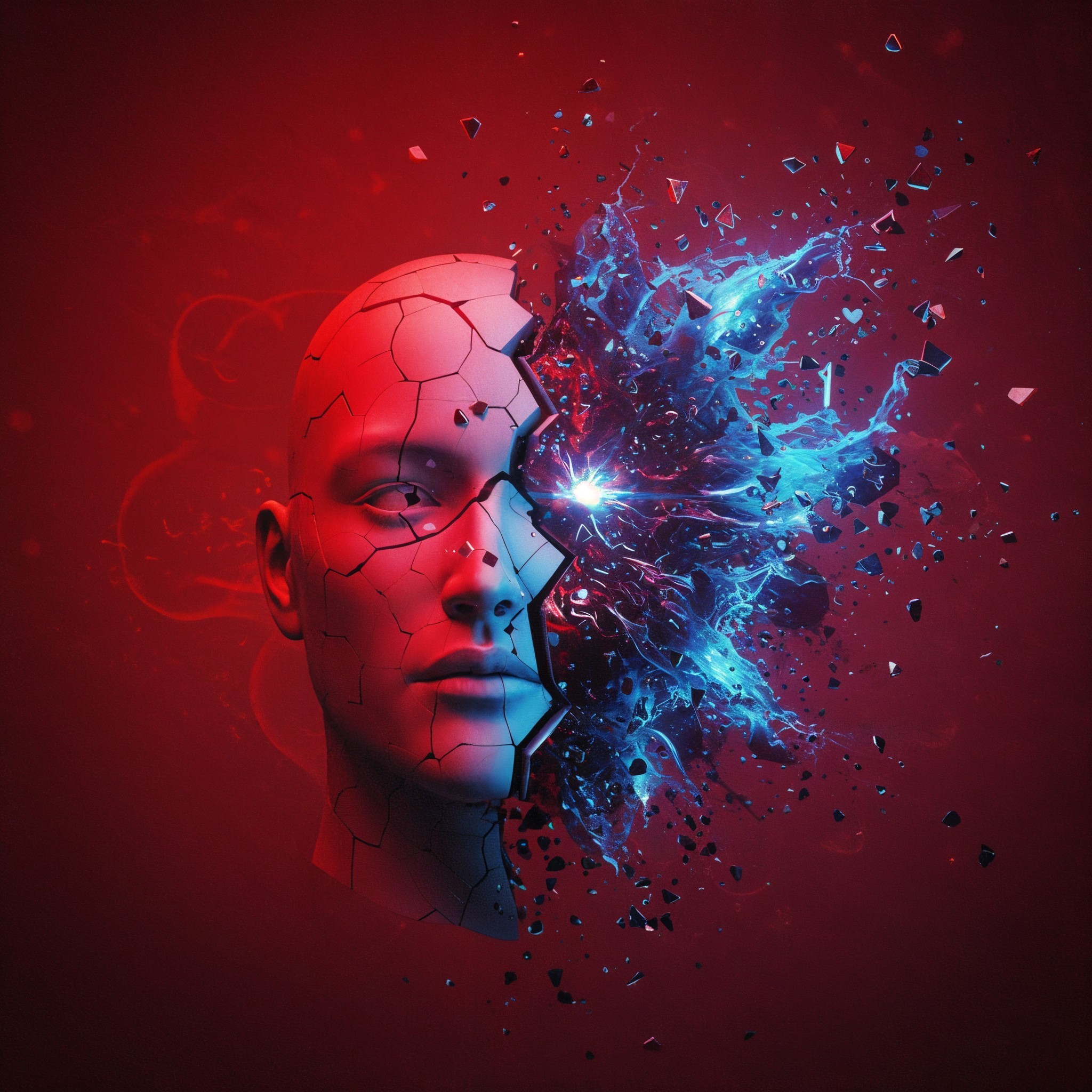 Fragmented Human Head with Blue Energy and Red Background