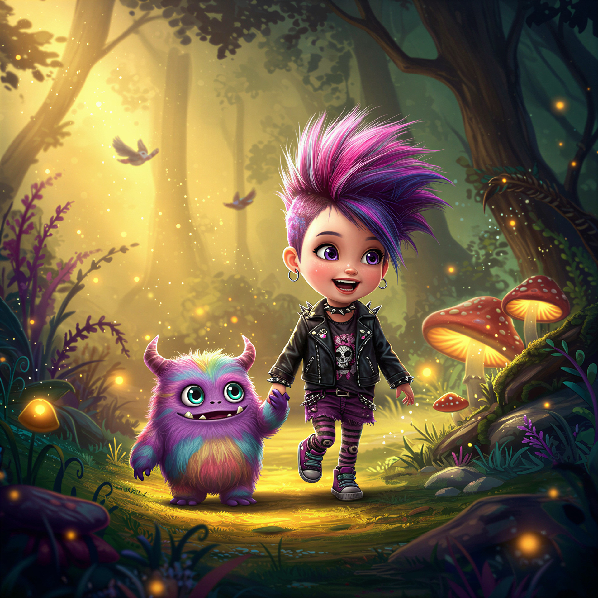 Whimsical Forest Scene with Child and Colorful Monster