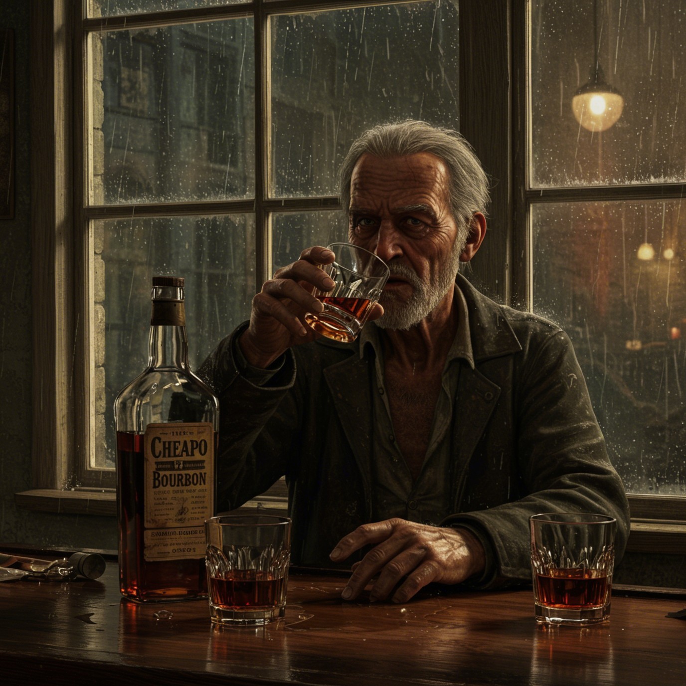 Weathered Man at Bar with Bourbon and Rainy Window