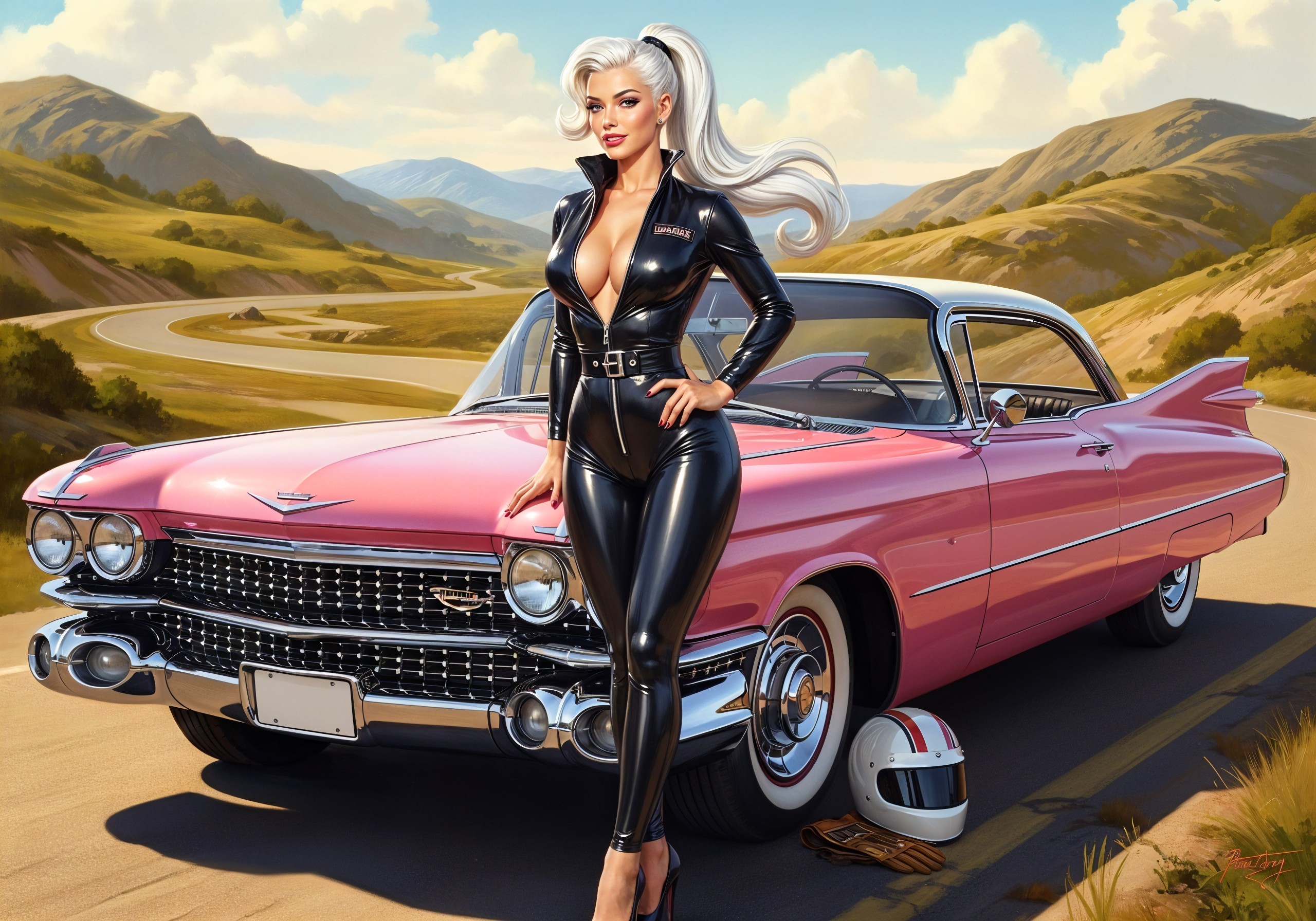 Glamorous Woman in Black Catsuit by Vintage Cadillac