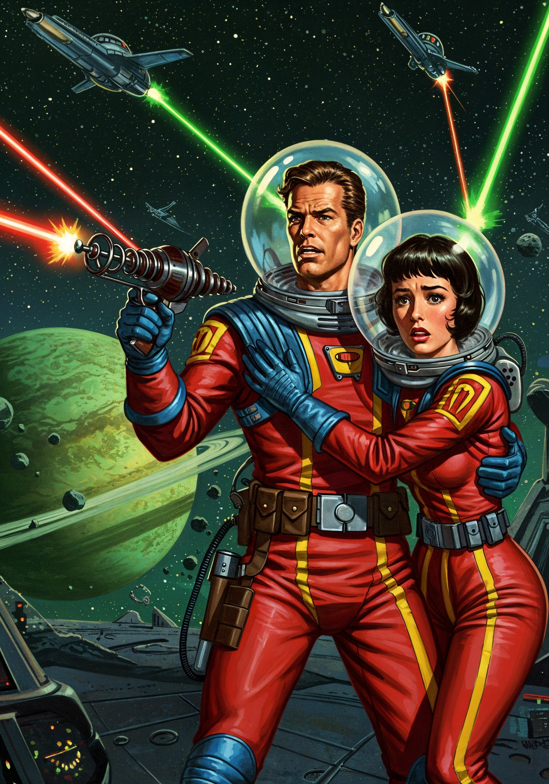 Space Adventurers on Futuristic Spaceship in Space