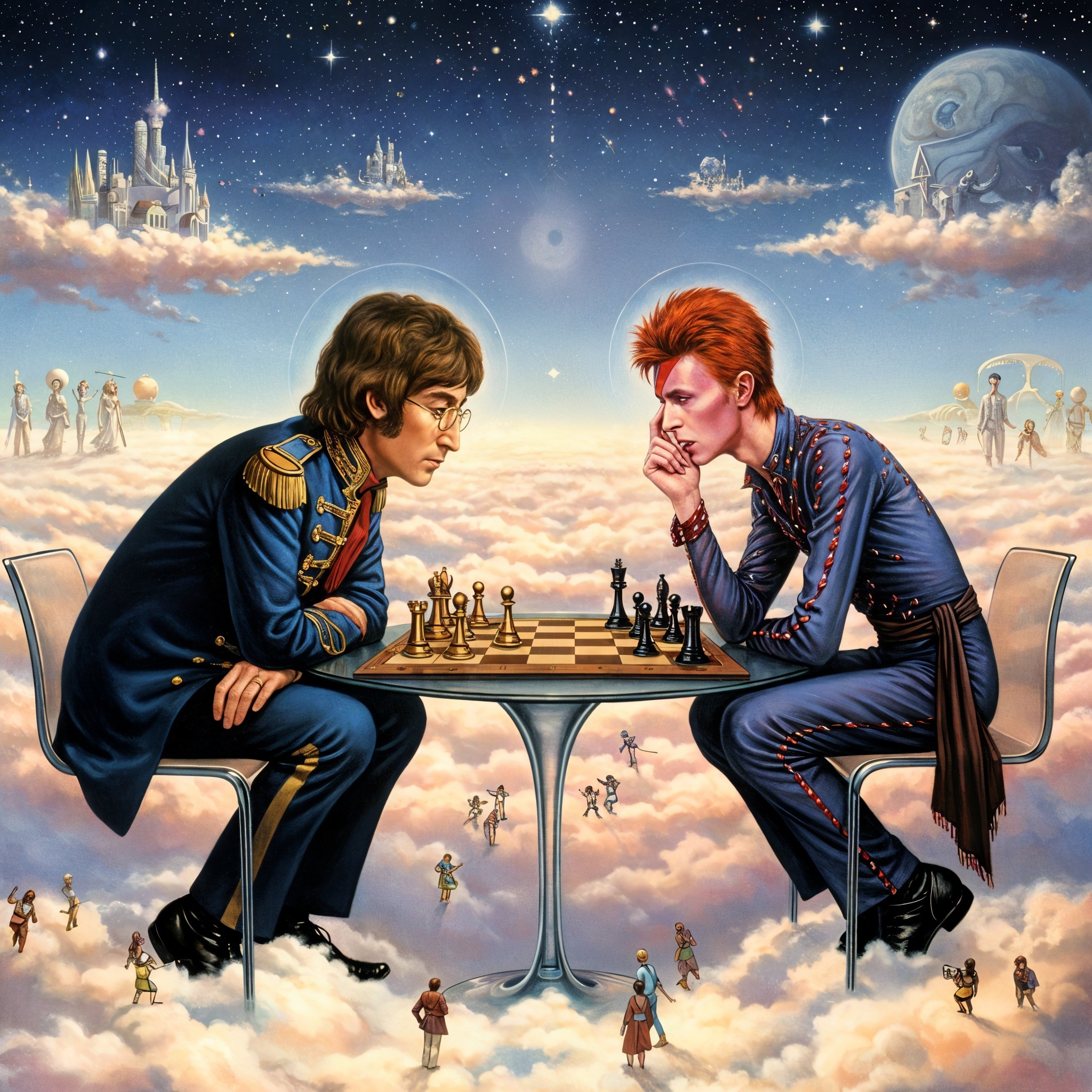 Surreal Chess Game Between Iconic Figures in Clouds