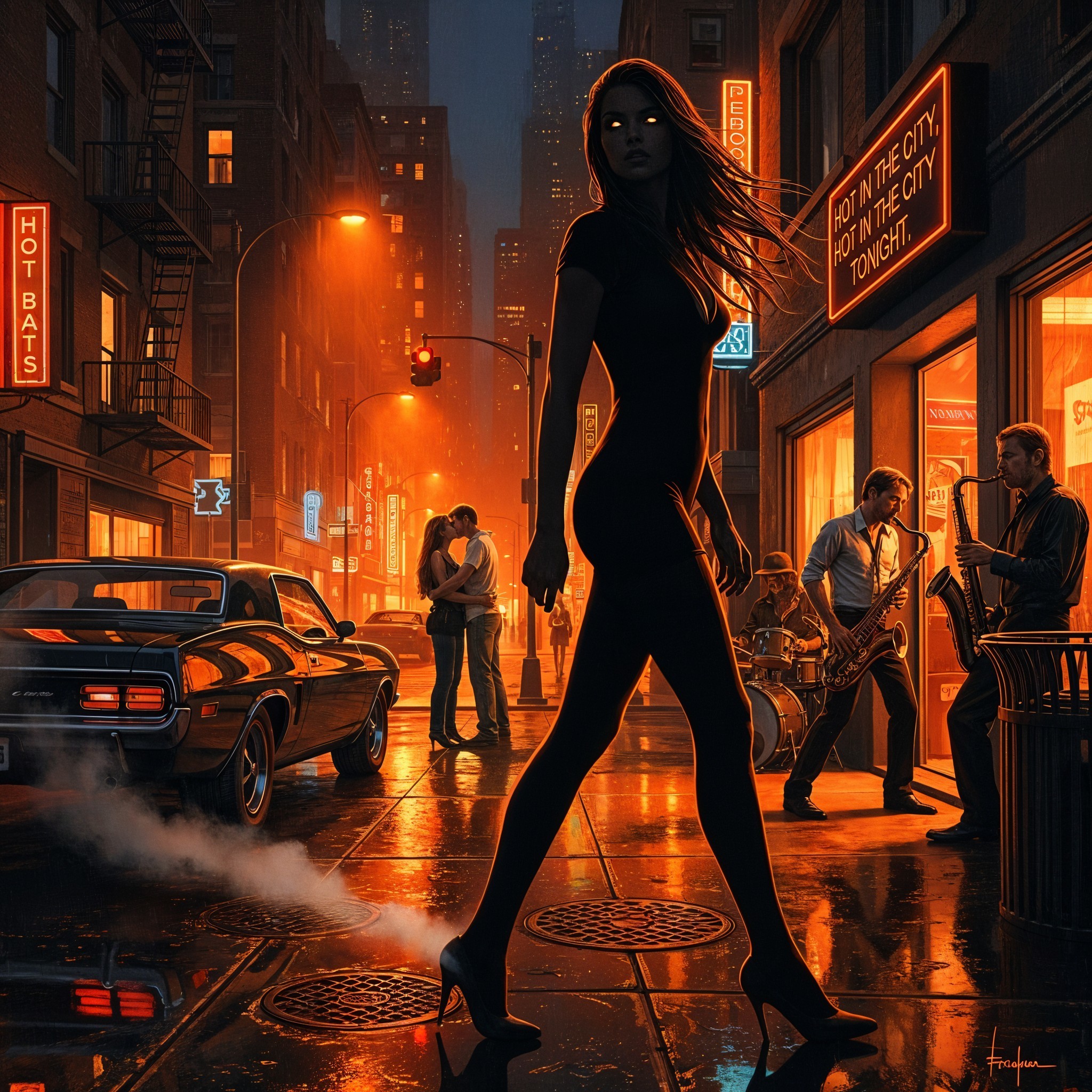Vibrant Night City Street with Neon Lights and Jazz