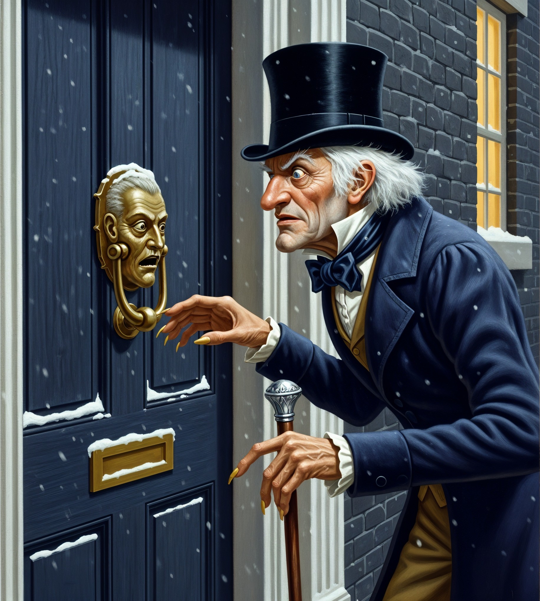 Sinister Figure at Dark Snow-Covered Door with Knocker