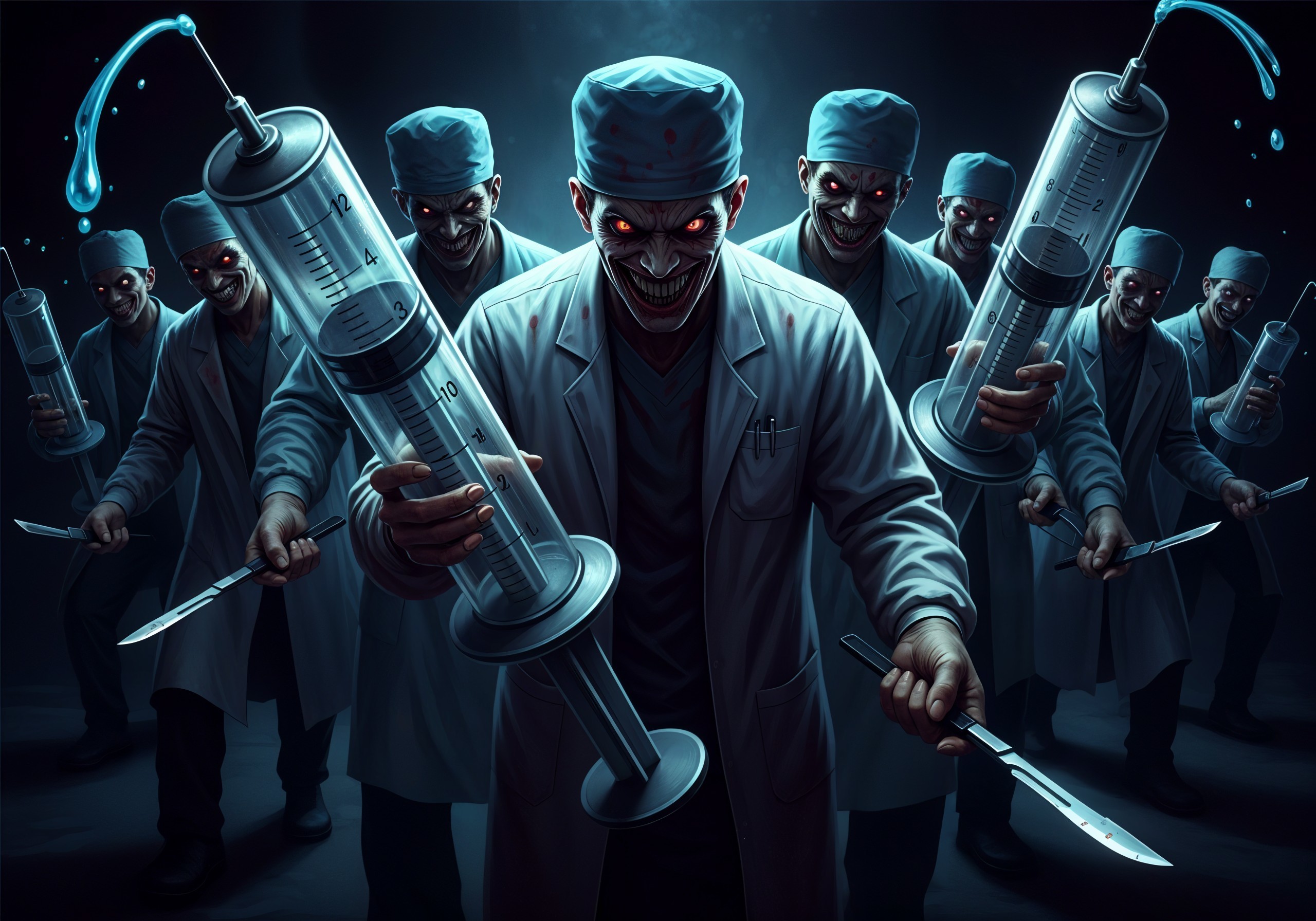 Menacing Figures in Surgical Attire with Syringes and Knives