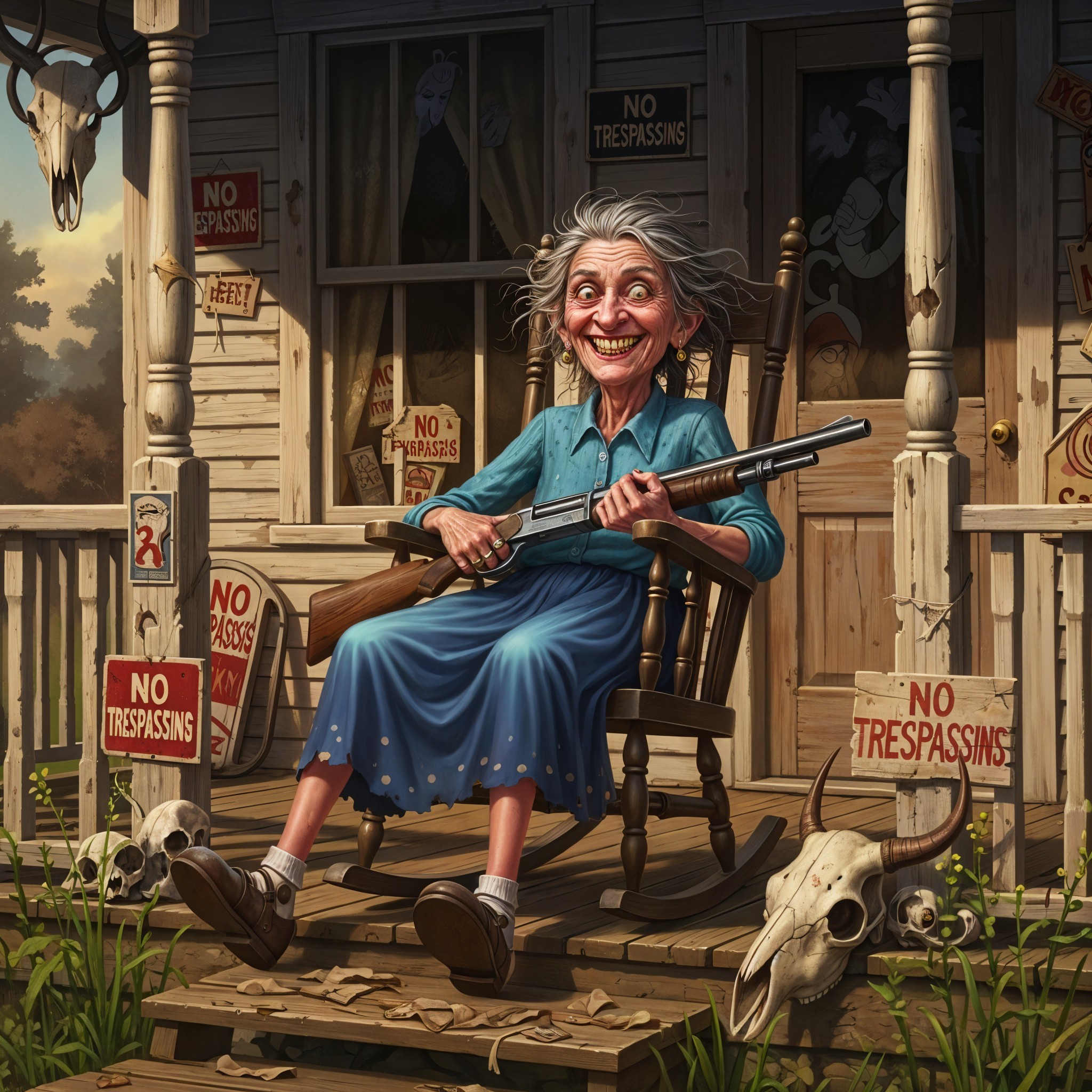 Elderly Woman on Porch with Rifle and Warning Signs