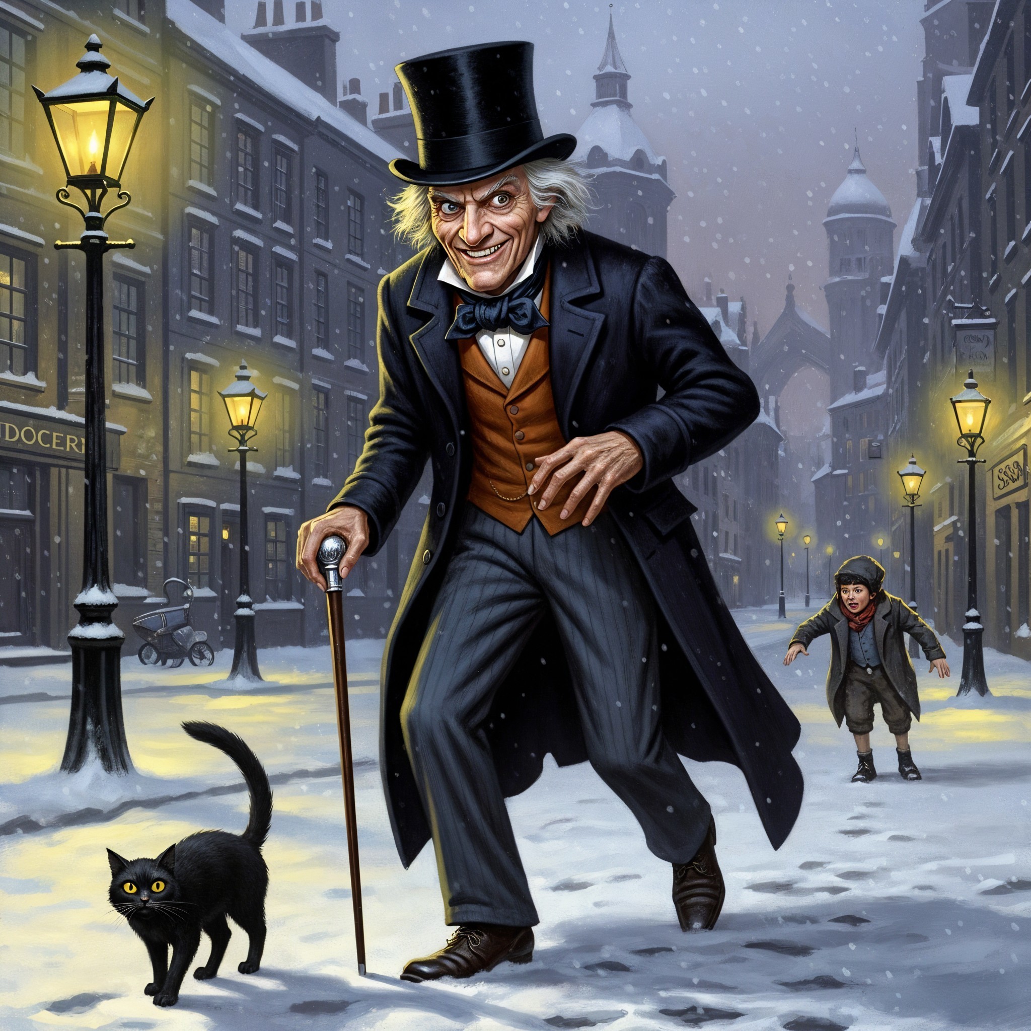 Victorian Street Scene with Gas Lamps and Snow