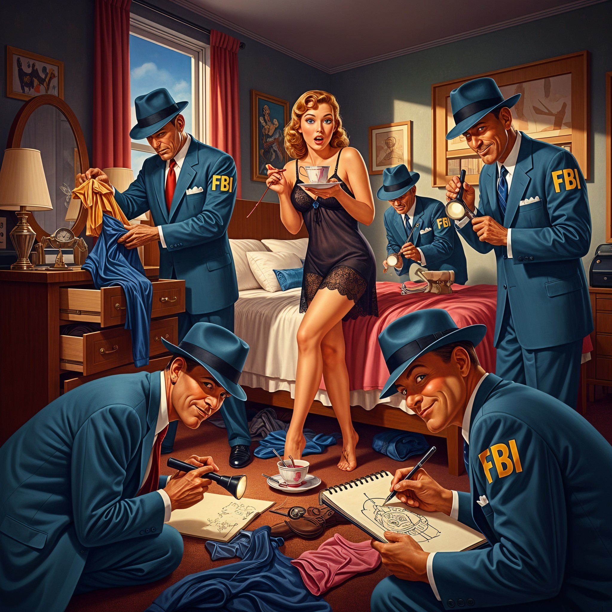 Vintage Hotel Room with FBI Agents Examining Clues