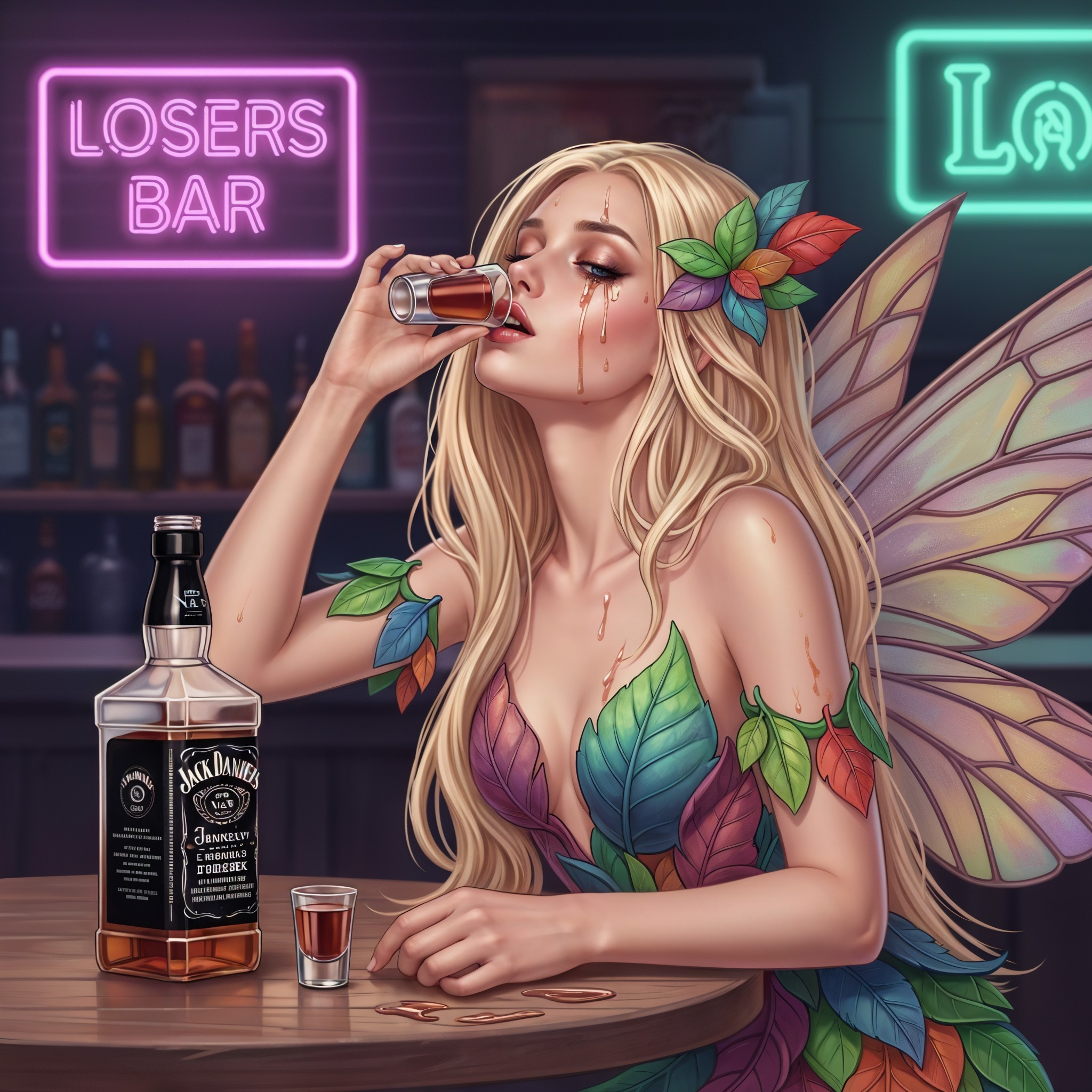 Fairy in Neon Bar Sipping from Shot Glass