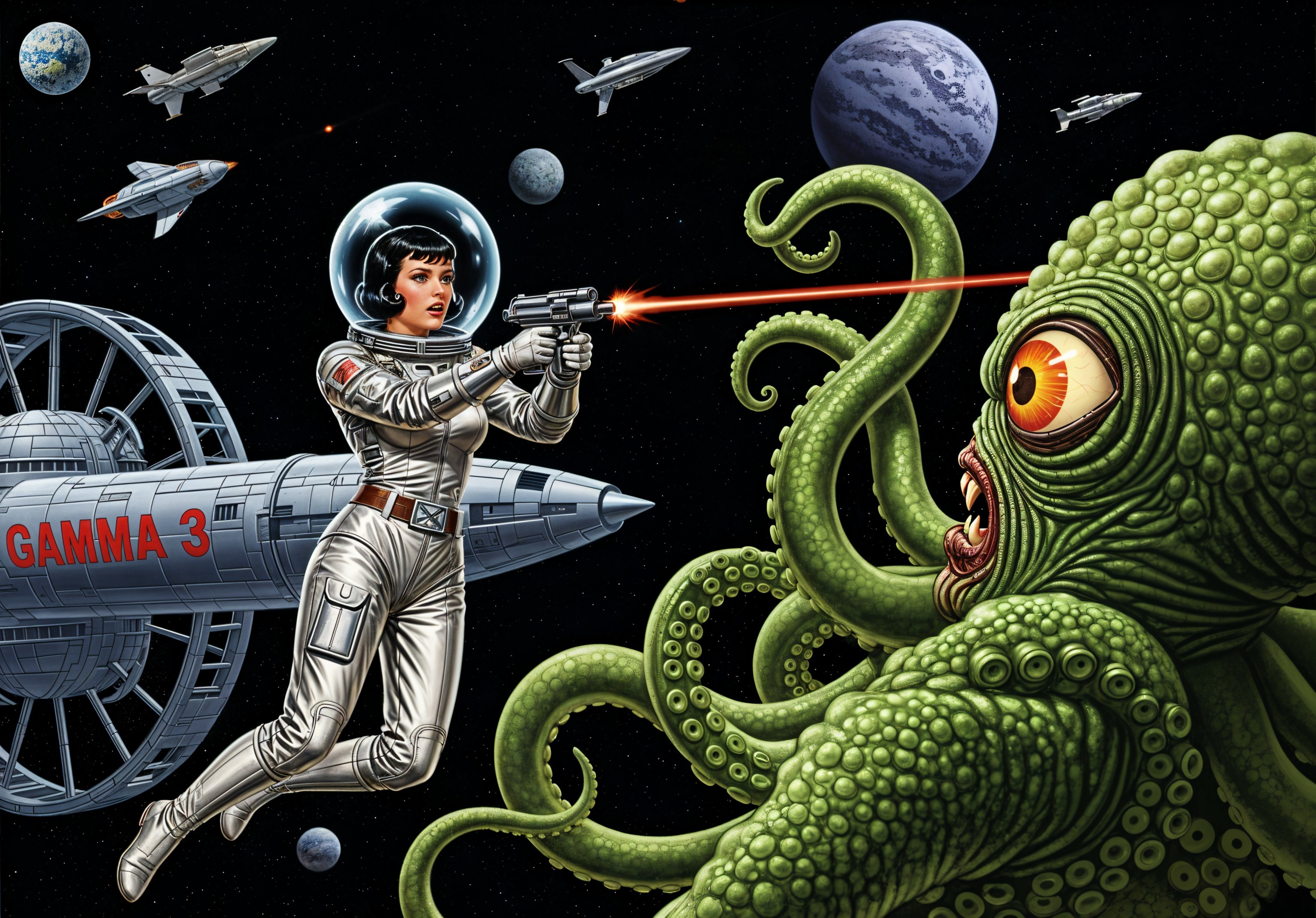 Astronaut Faces Tentacled Creature in Space Adventure