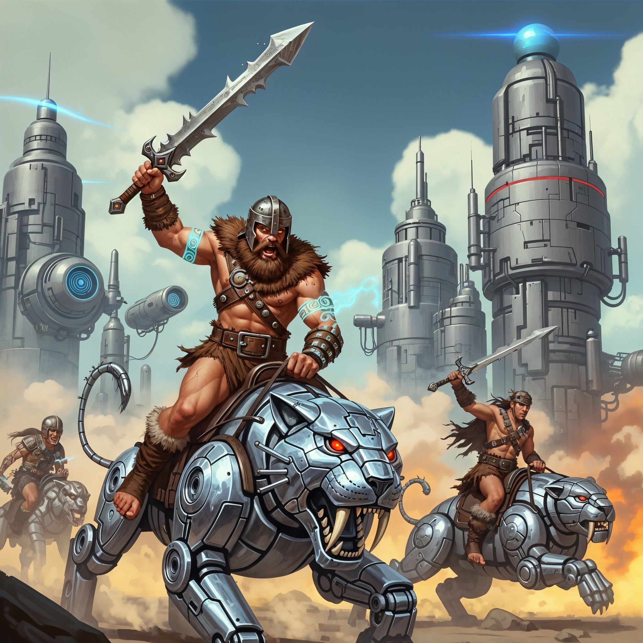 Futuristic Warriors on Robotic Lions Amid Skyscrapers