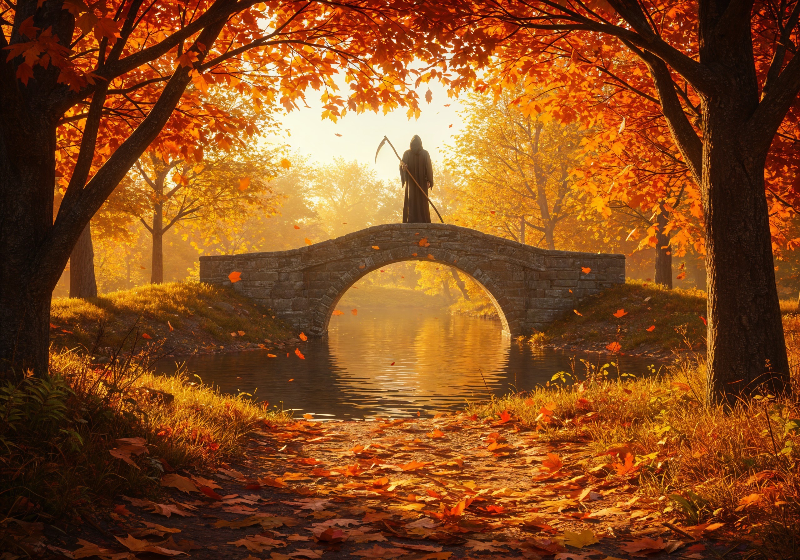Autumn Scene with Stone Bridge and Cloaked Figure