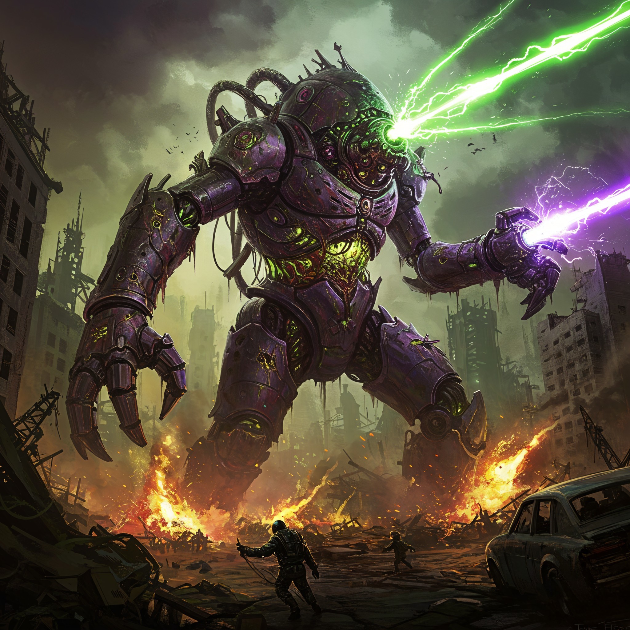 Colossal Robot Overlooks Post-Apocalyptic City Ruins
