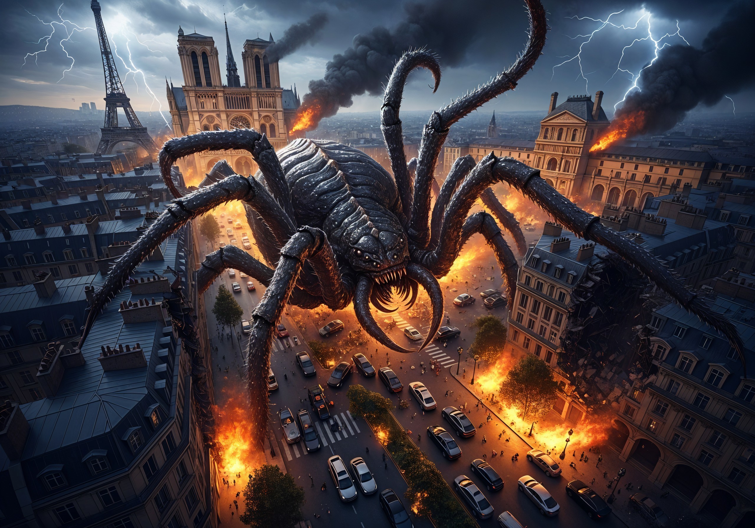 Metallic spider over devastated Paris with chaos and flames