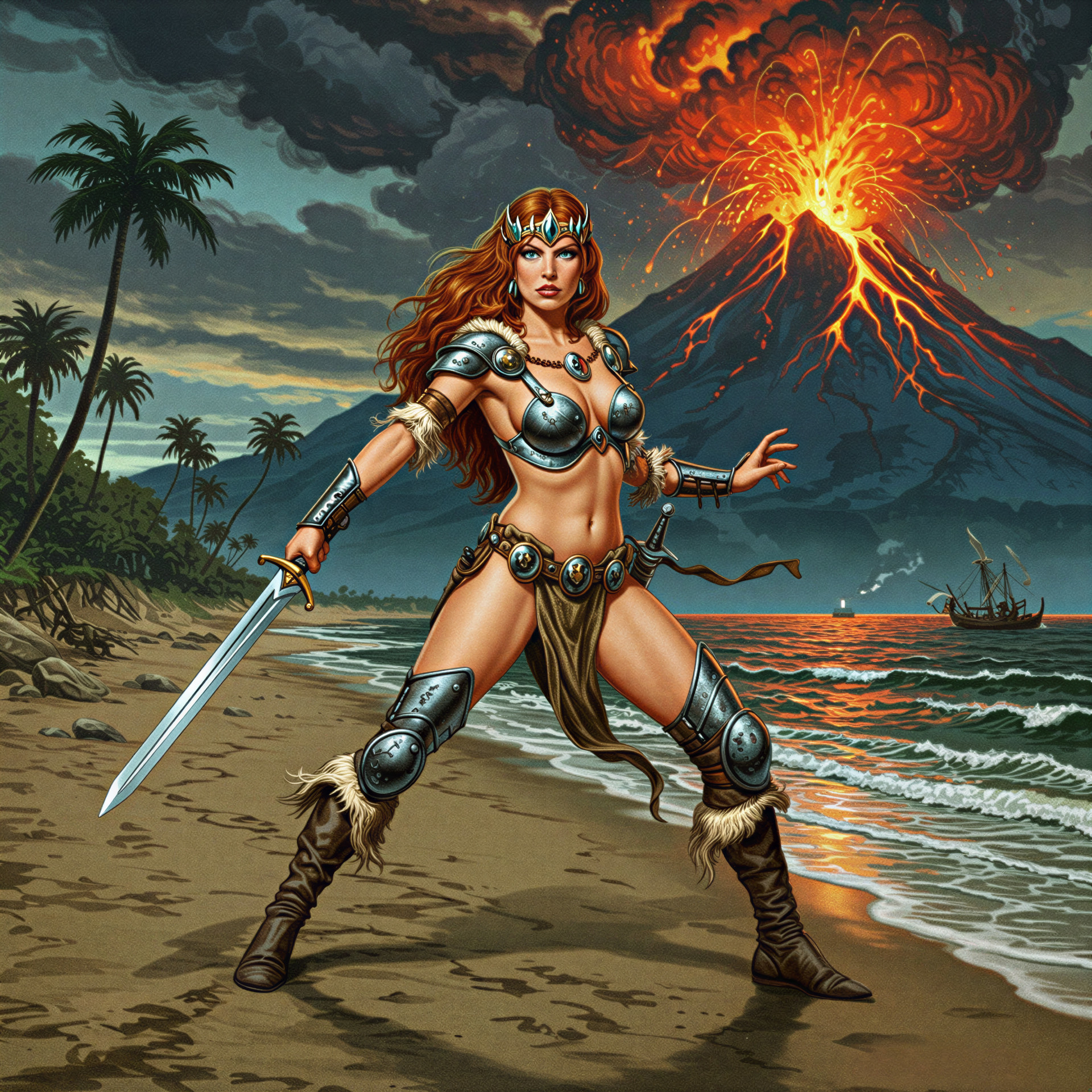 Warrior in Armor on Beach with Volcanic Eruption