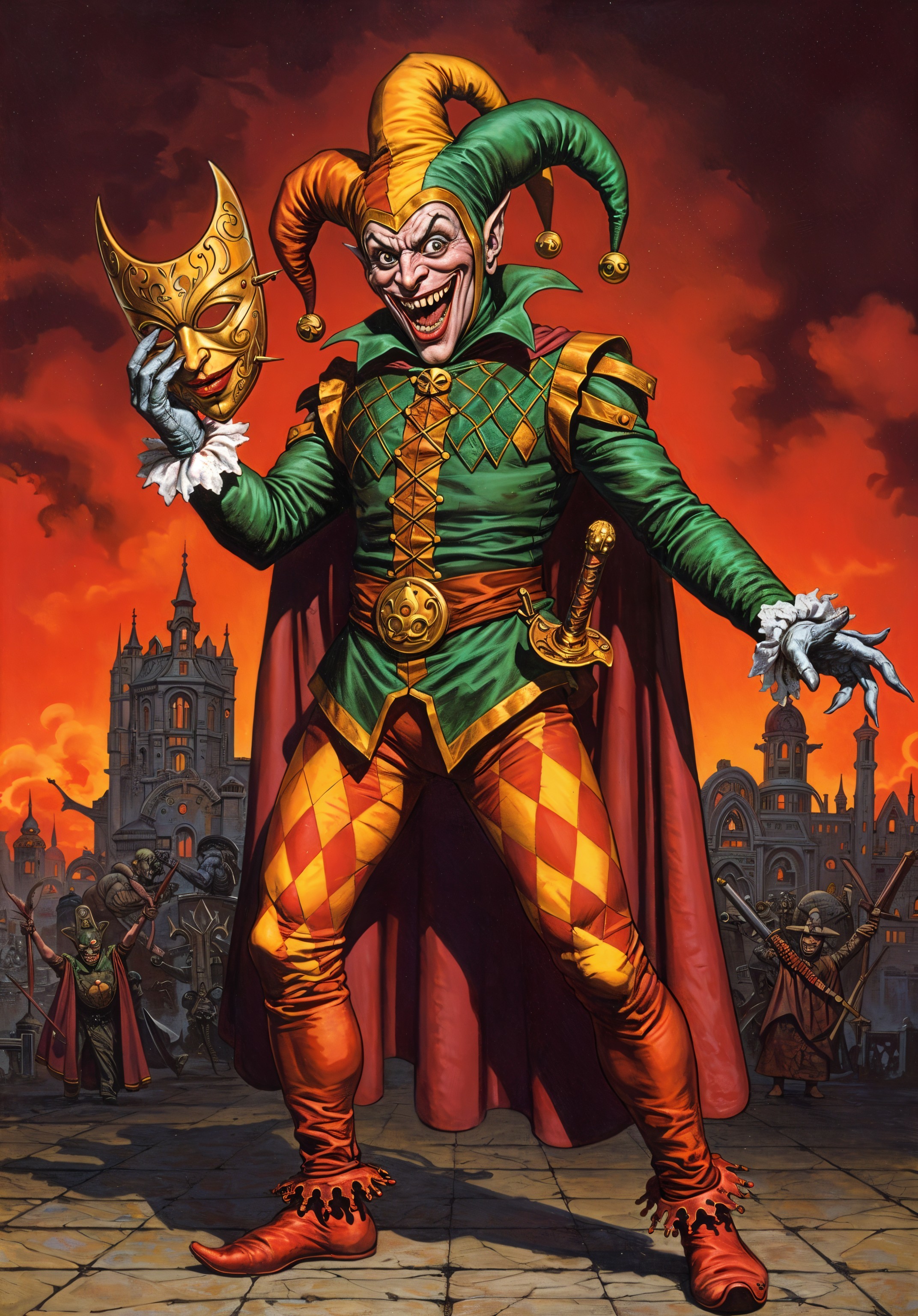 Mischievous jester in vibrant attire at sunset