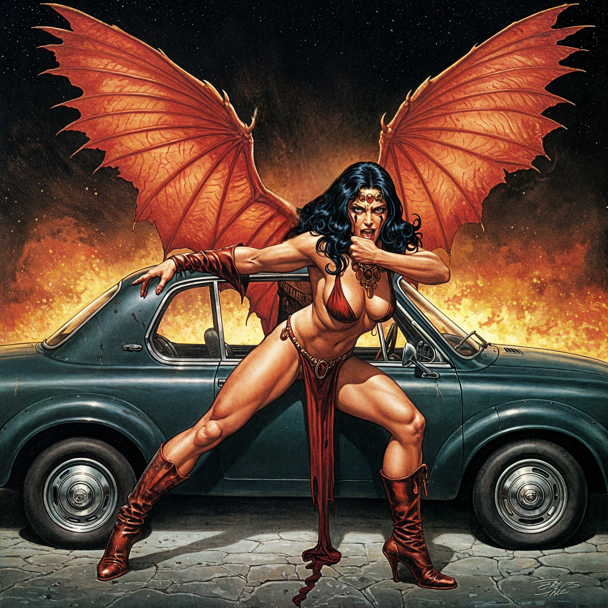 Winged Female Figure with Vintage Car and Explosion
