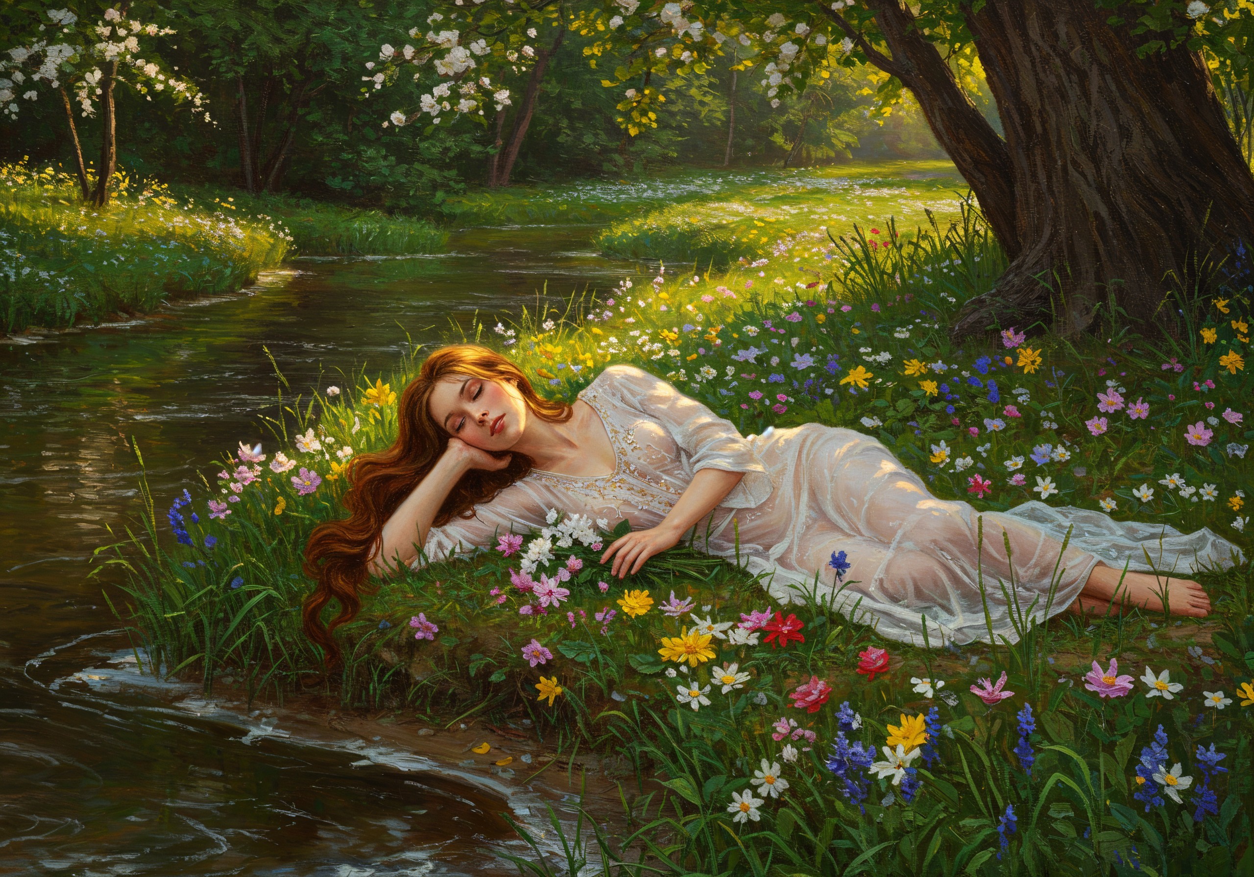 Serene Meadow Scene with Woman in White Gown