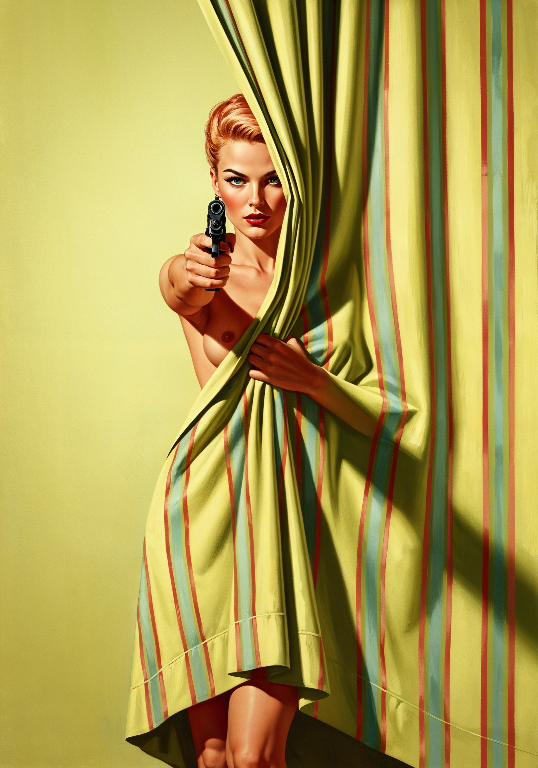 Retro-Inspired Scene with Confident Woman and Handgun