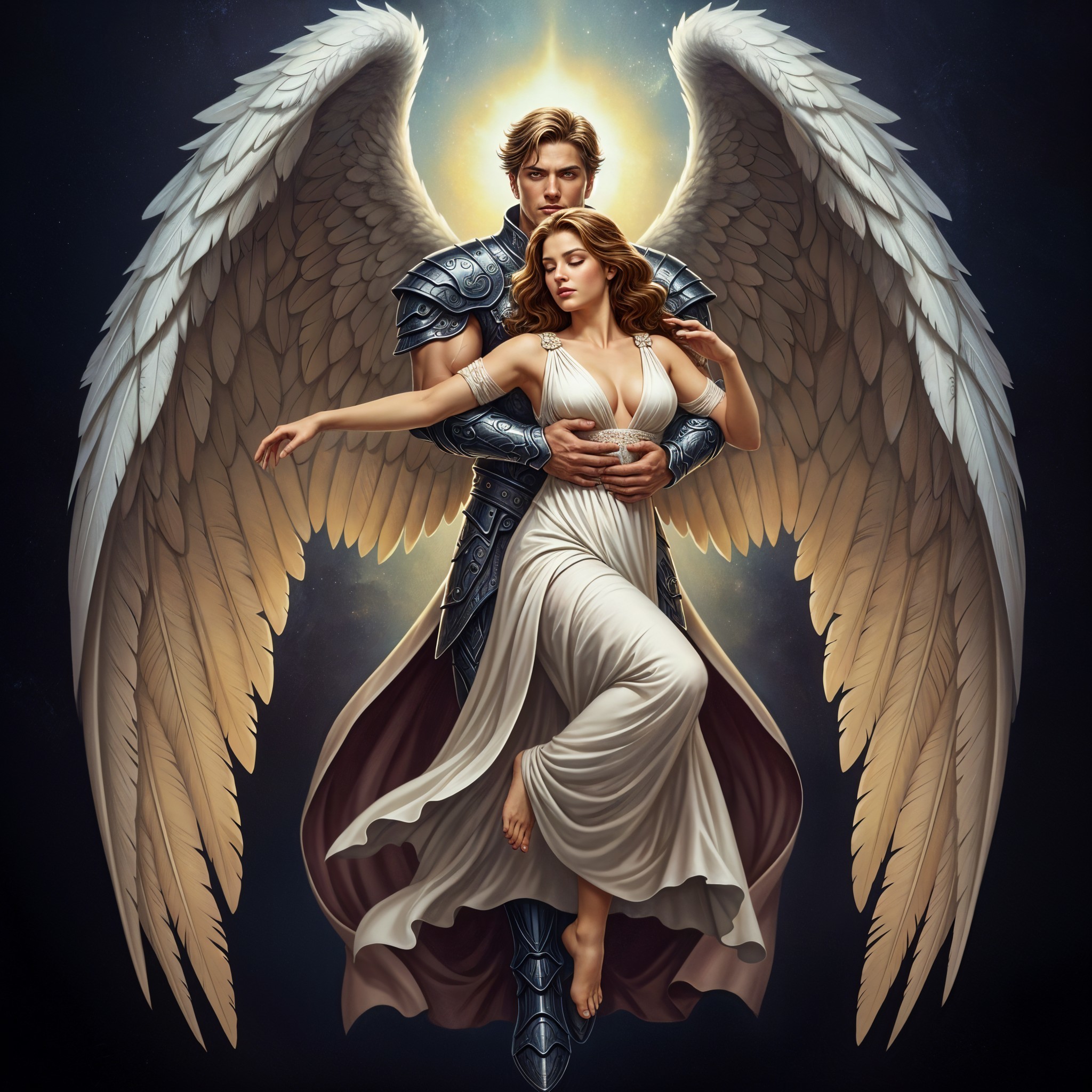 Majestic angel with woman in a celestial setting