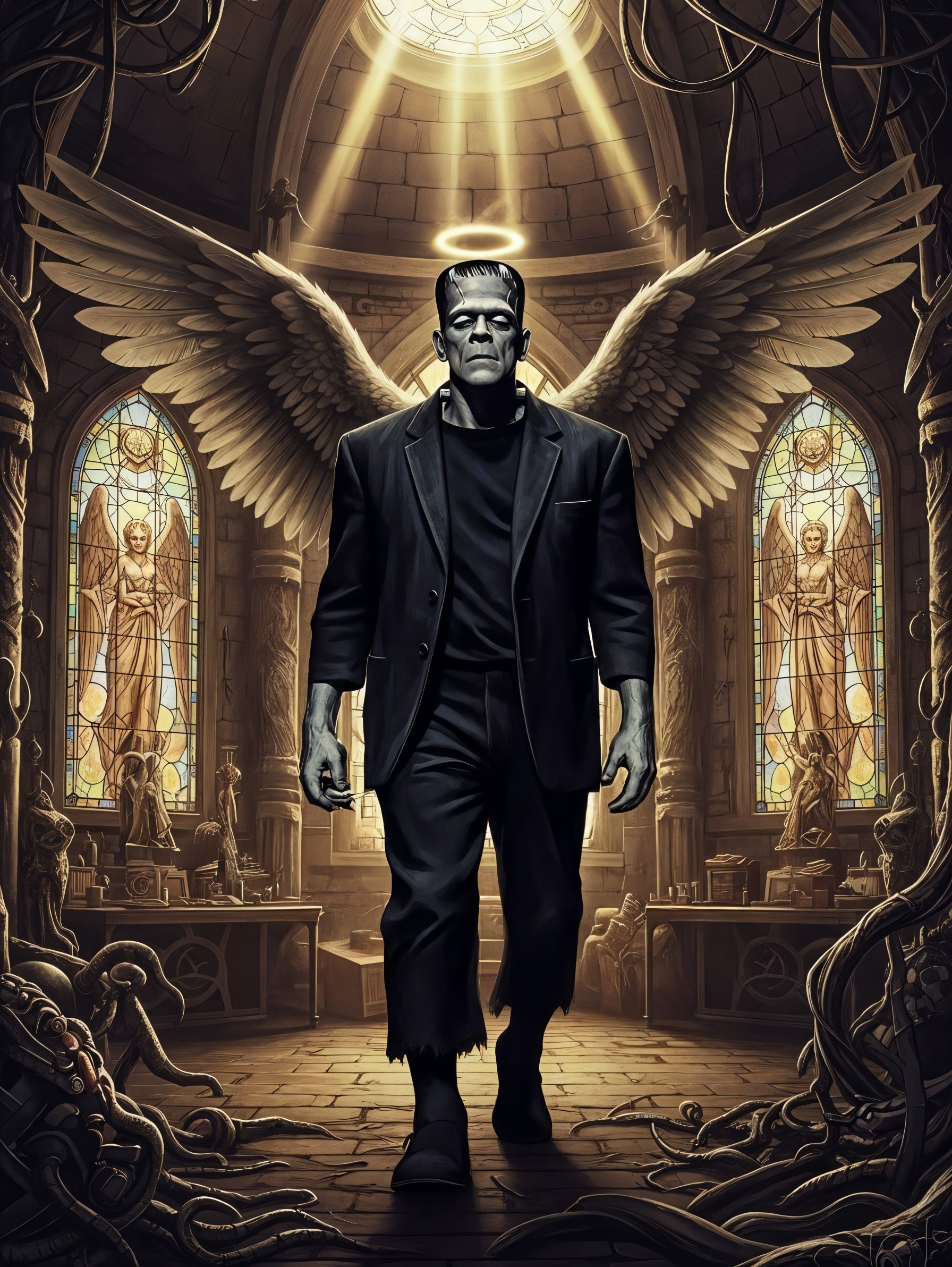 Modern Frankenstein Figure in Gothic Setting with Wings