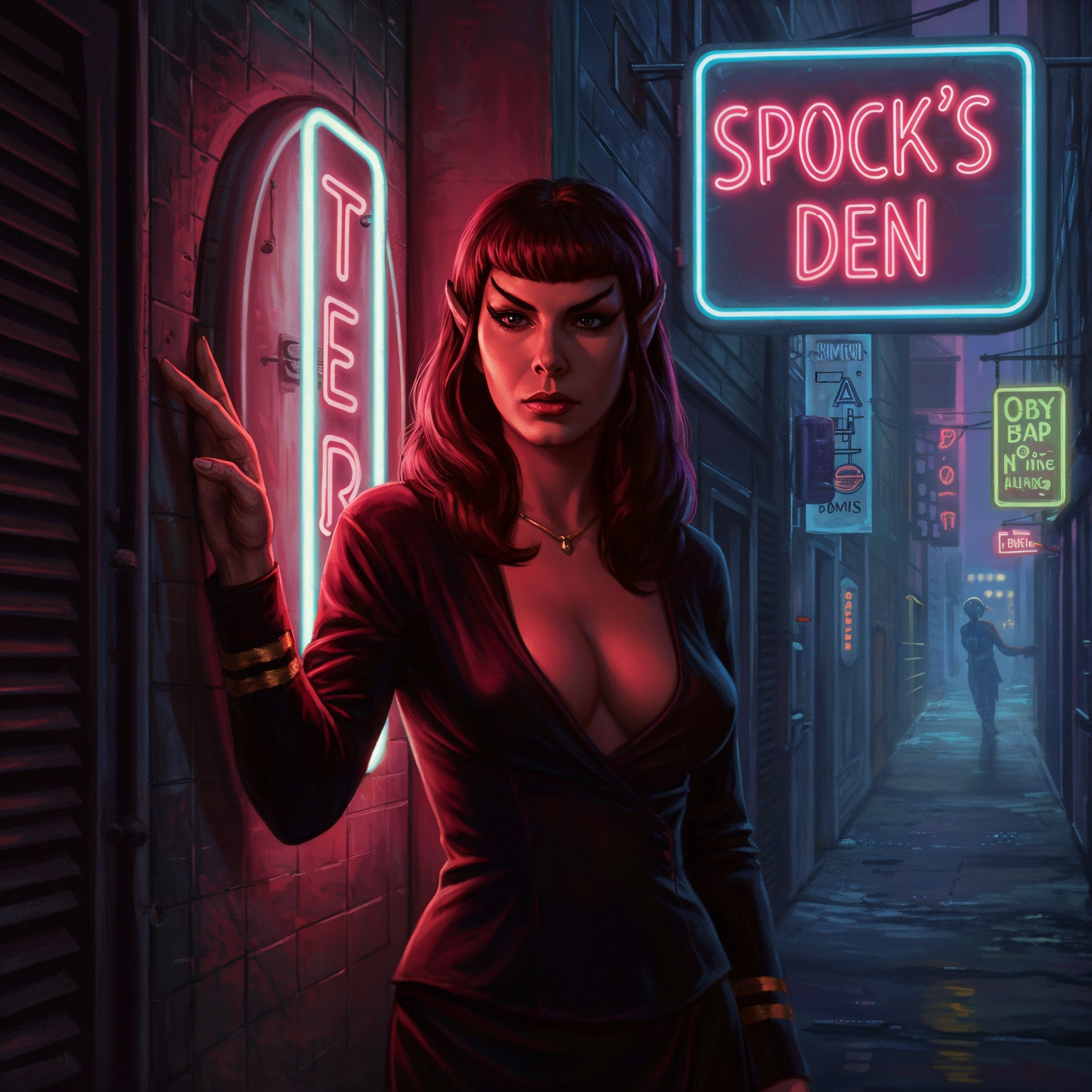 Striking Woman in Neon Alley with Mysterious Vibe