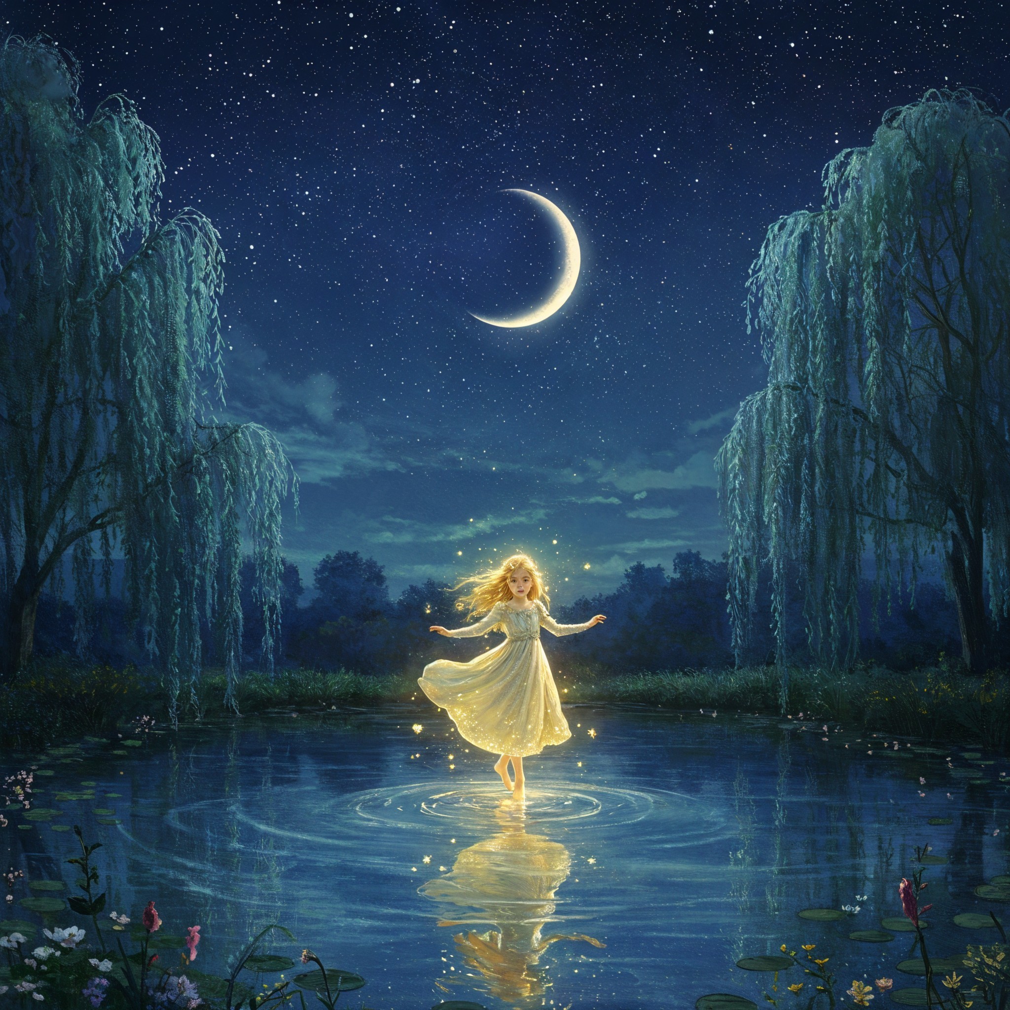 Serene Night Scene of a Girl Dancing in a Pond