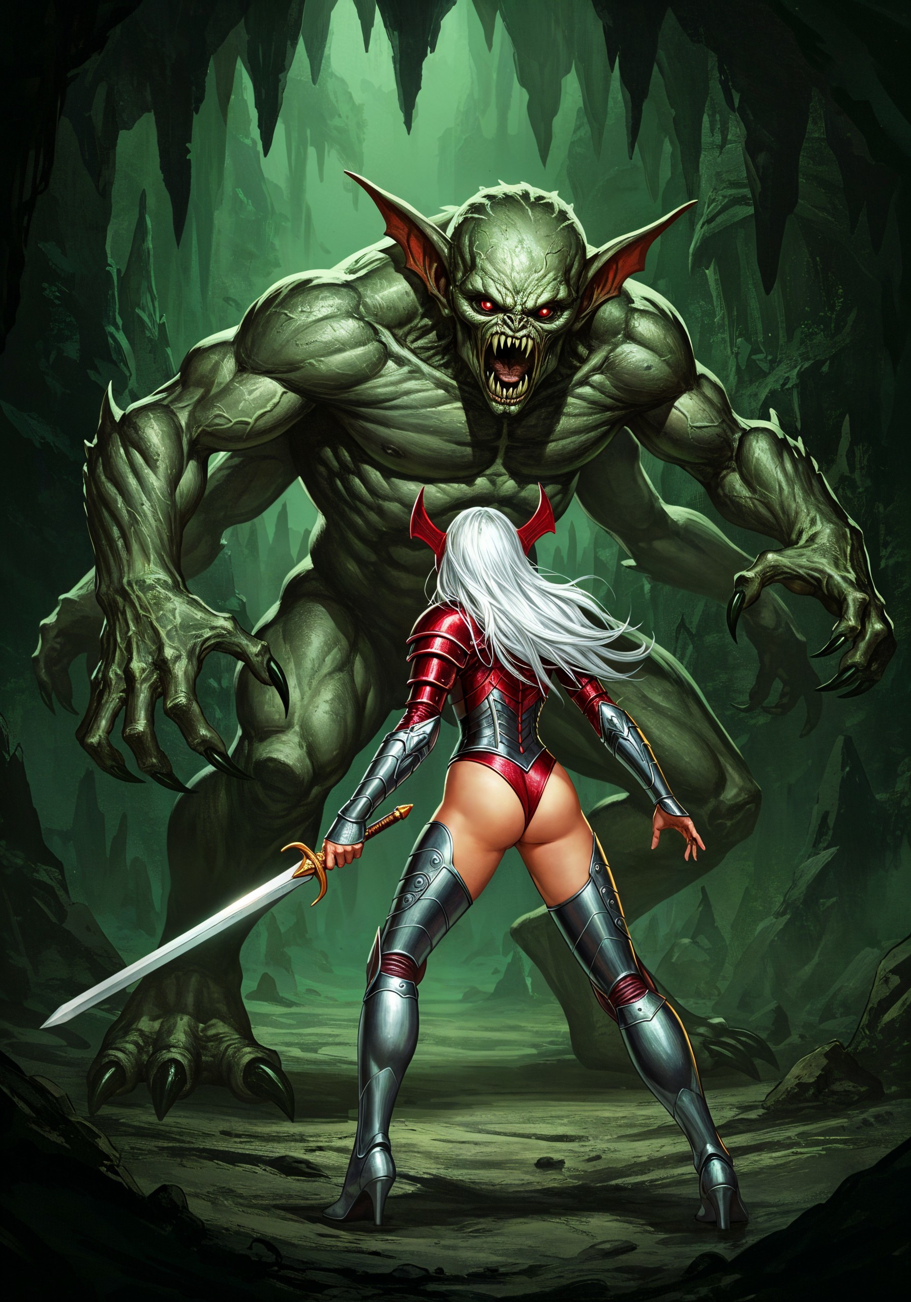 Warrior Woman Confronts Menacing Creature in Cave