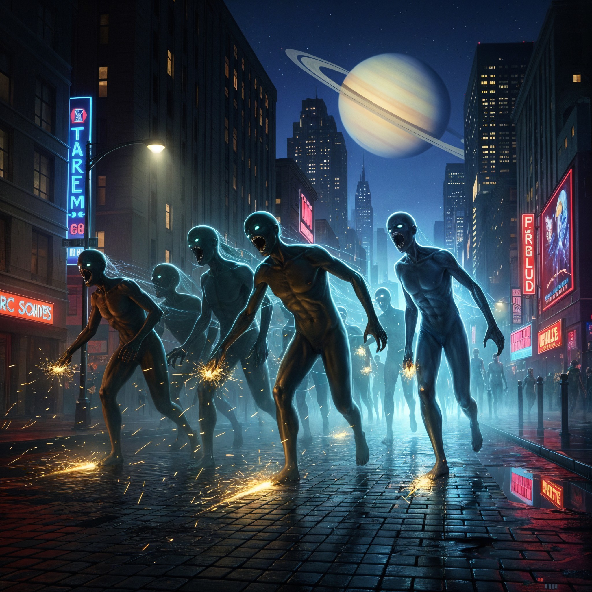Translucent Figures in Neon-Lit Urban Landscape