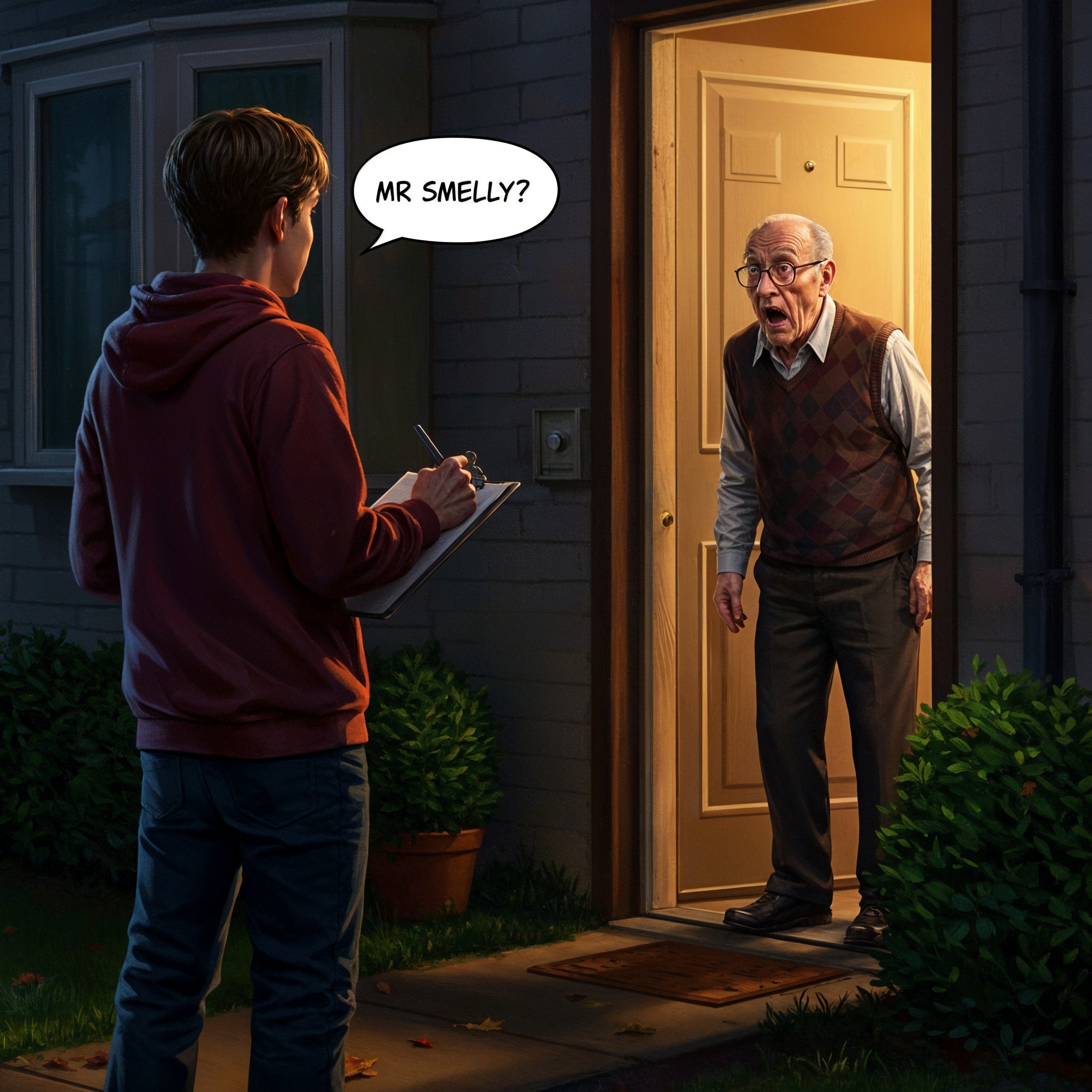 Young man surprised at elderly man's doorstep in evening