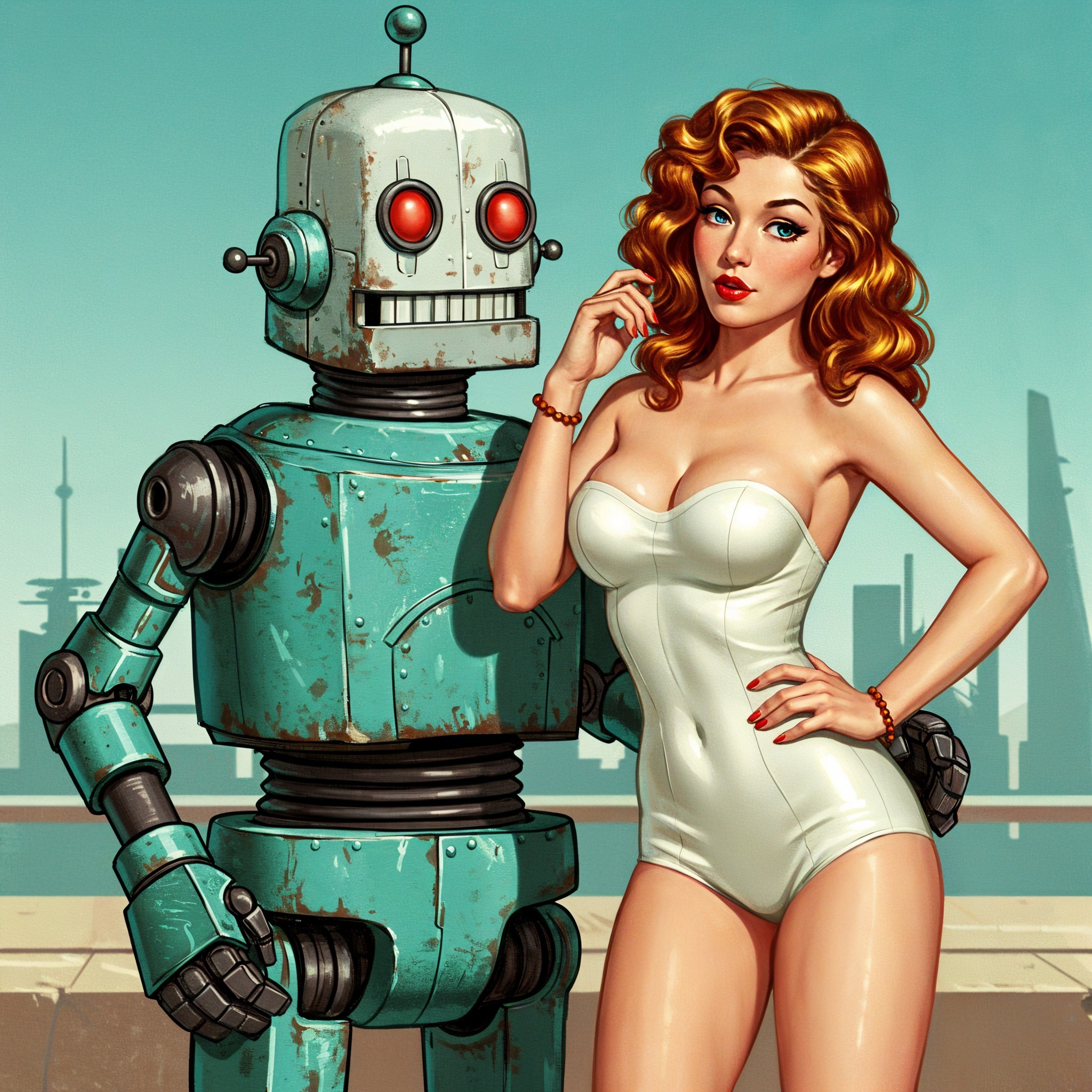 Vintage Robot and Glamorous Woman in Futuristic Scene
