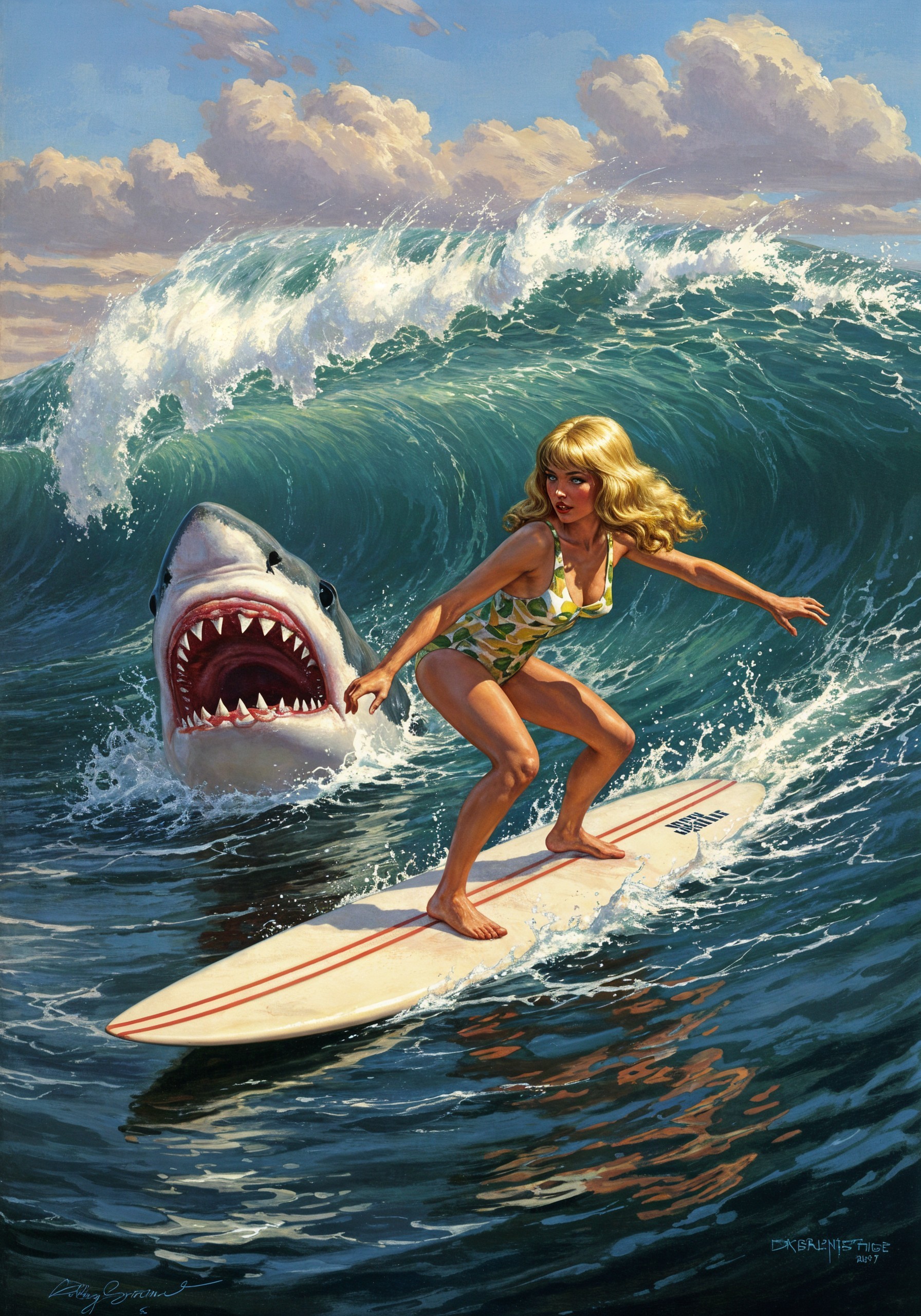 Blonde Woman Surfing with Shark in Thrilling Scene