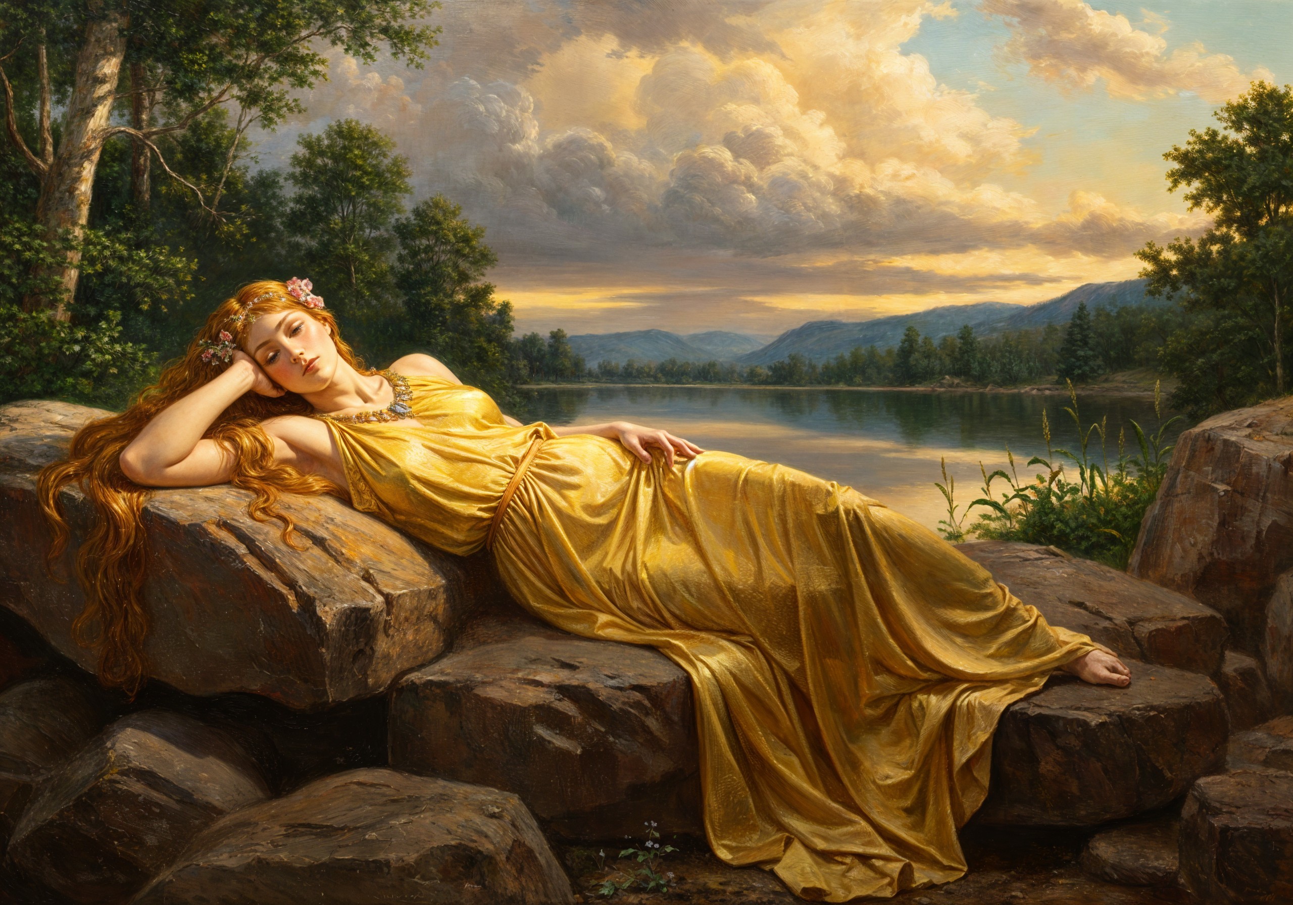 Woman in Golden Gown by Tranquil Lake Landscape