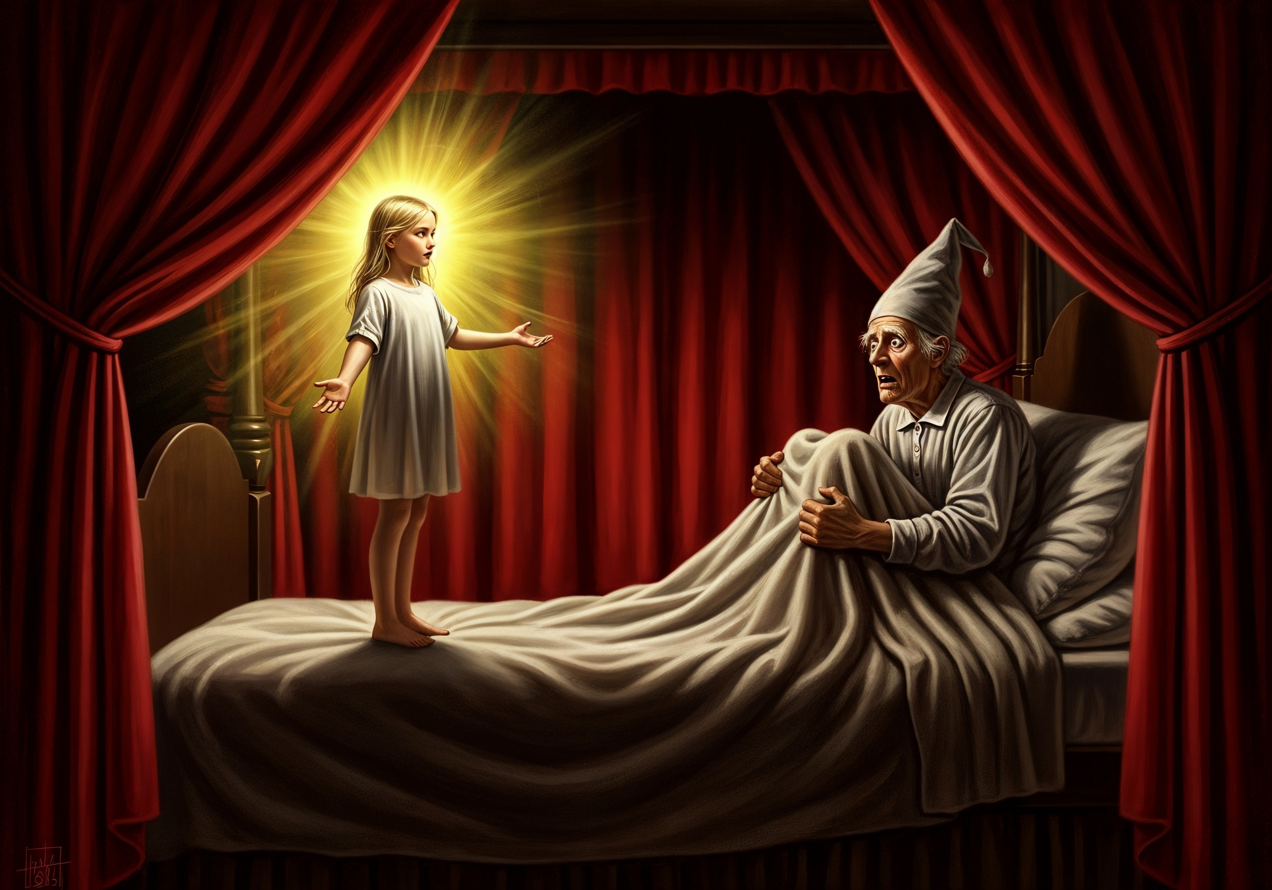 Young girl glows in dim bedroom with surprised man