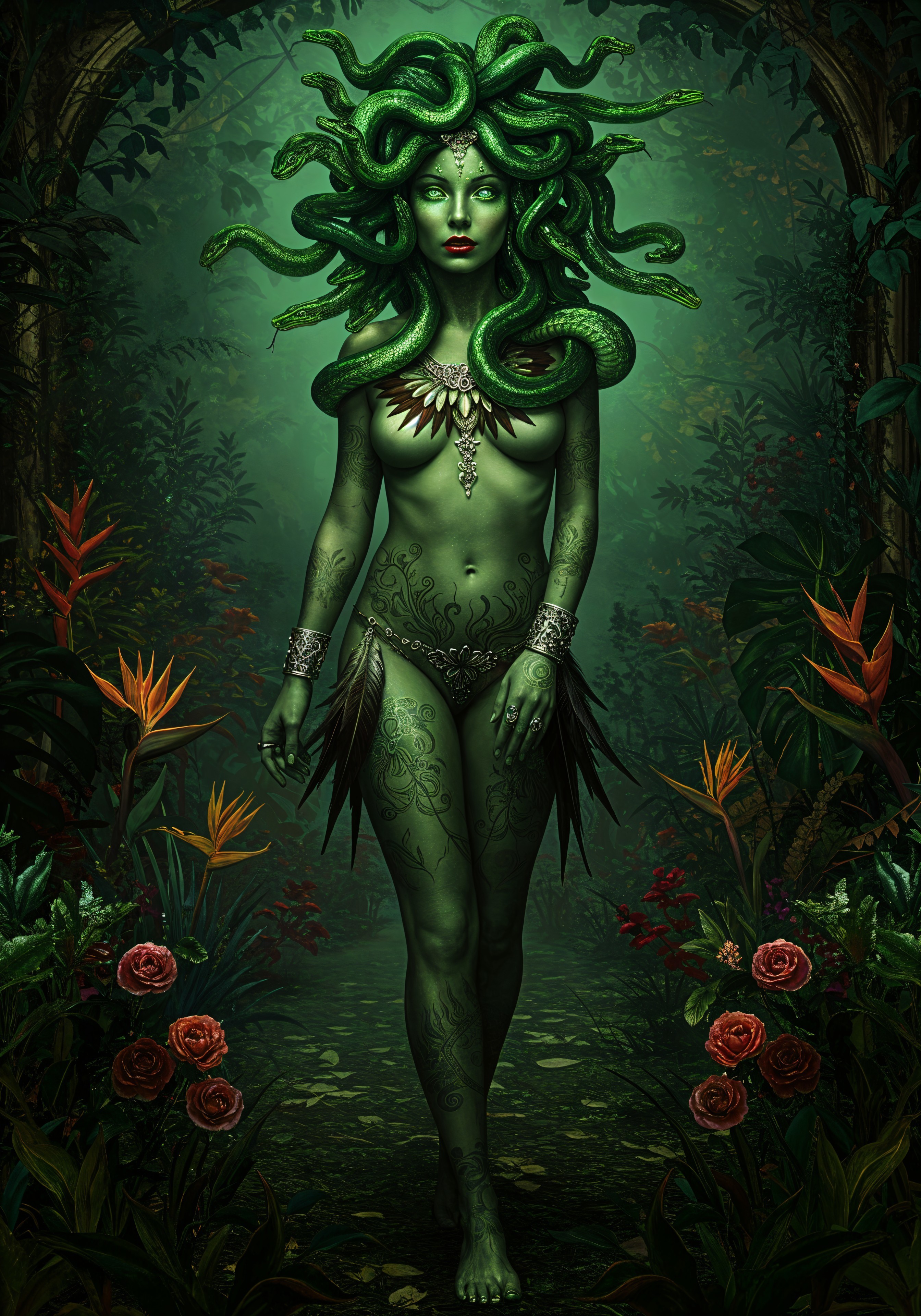 Woman with Green Skin in Enchanted Forest Setting