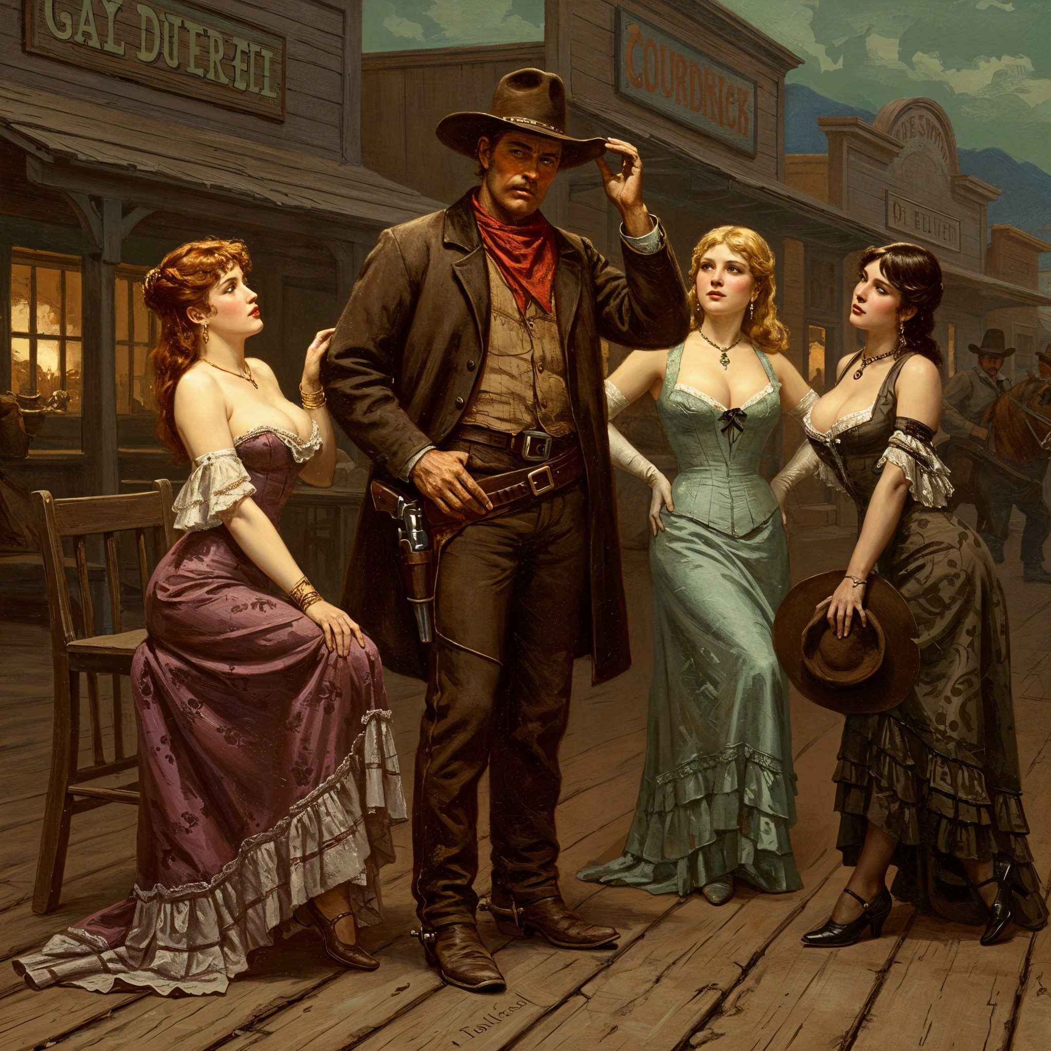 Cowboy and Women in Vibrant Wild West Scene