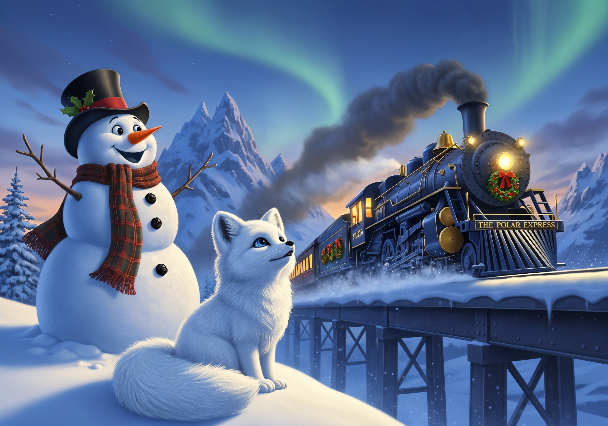 Whimsical Winter Scene with Snowman and Fox