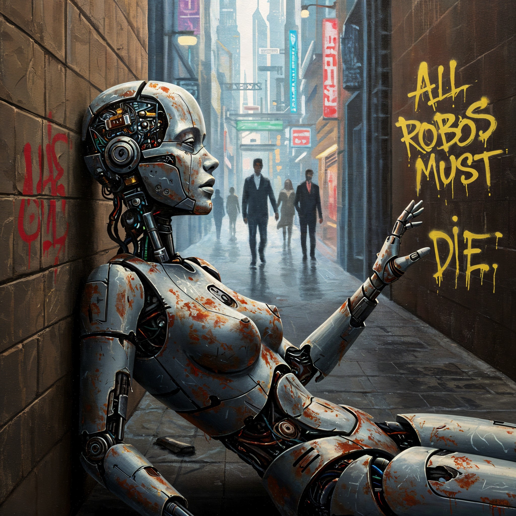 Futuristic Robot in Dystopian Alley with Neon Skyscrapers