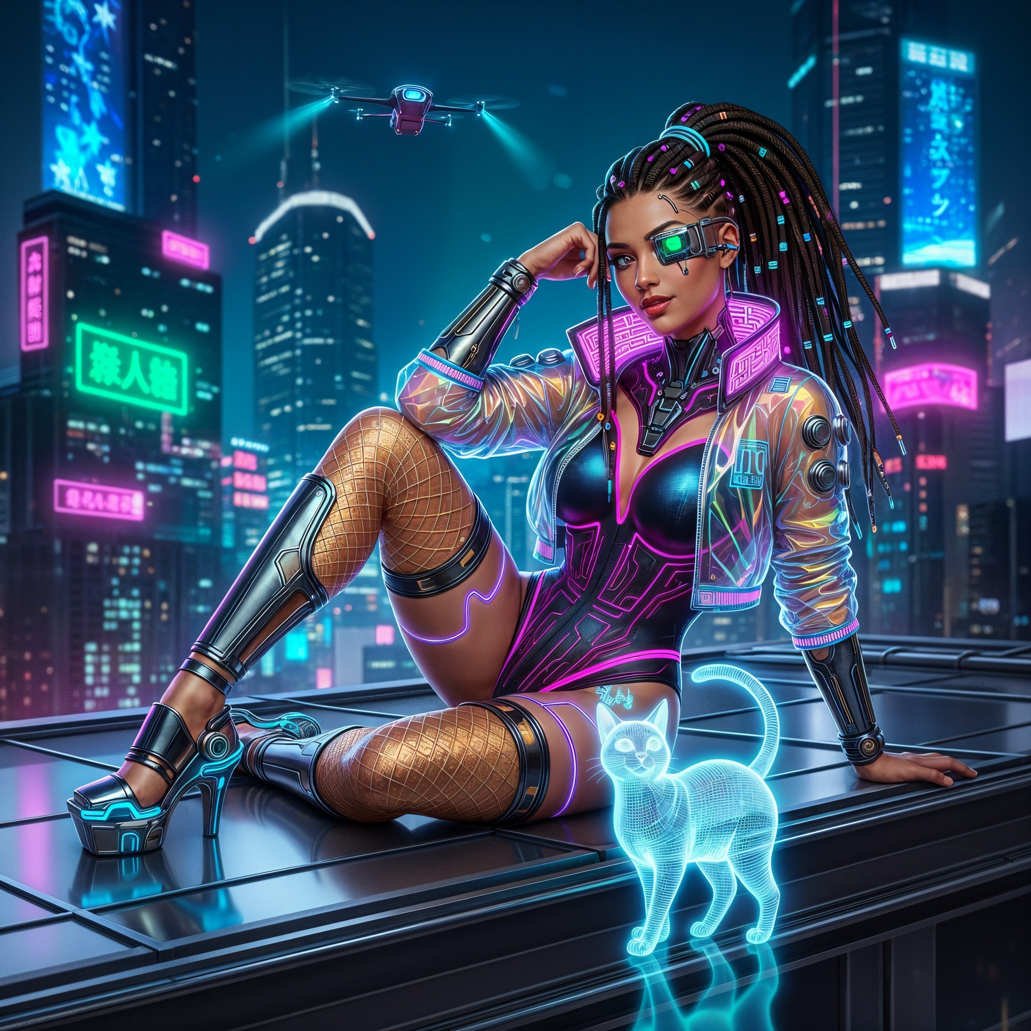 Futuristic cityscape with neon lights and cybernetic fashion