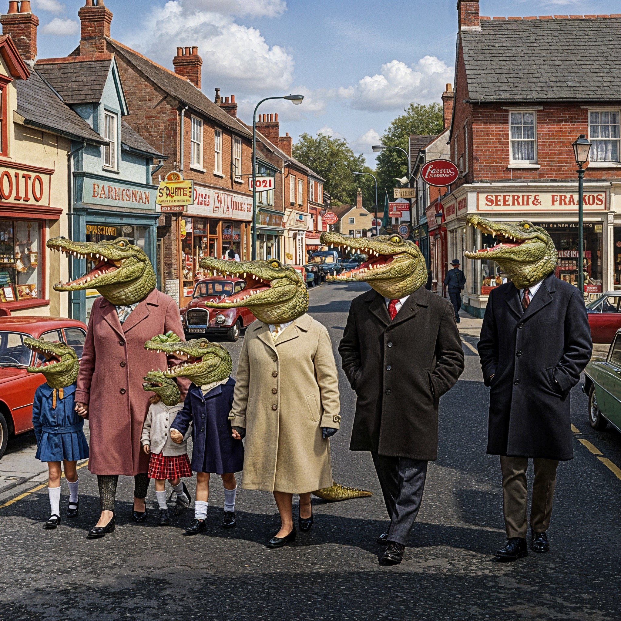 Whimsical Street Scene with Crocodile-Headed Figures