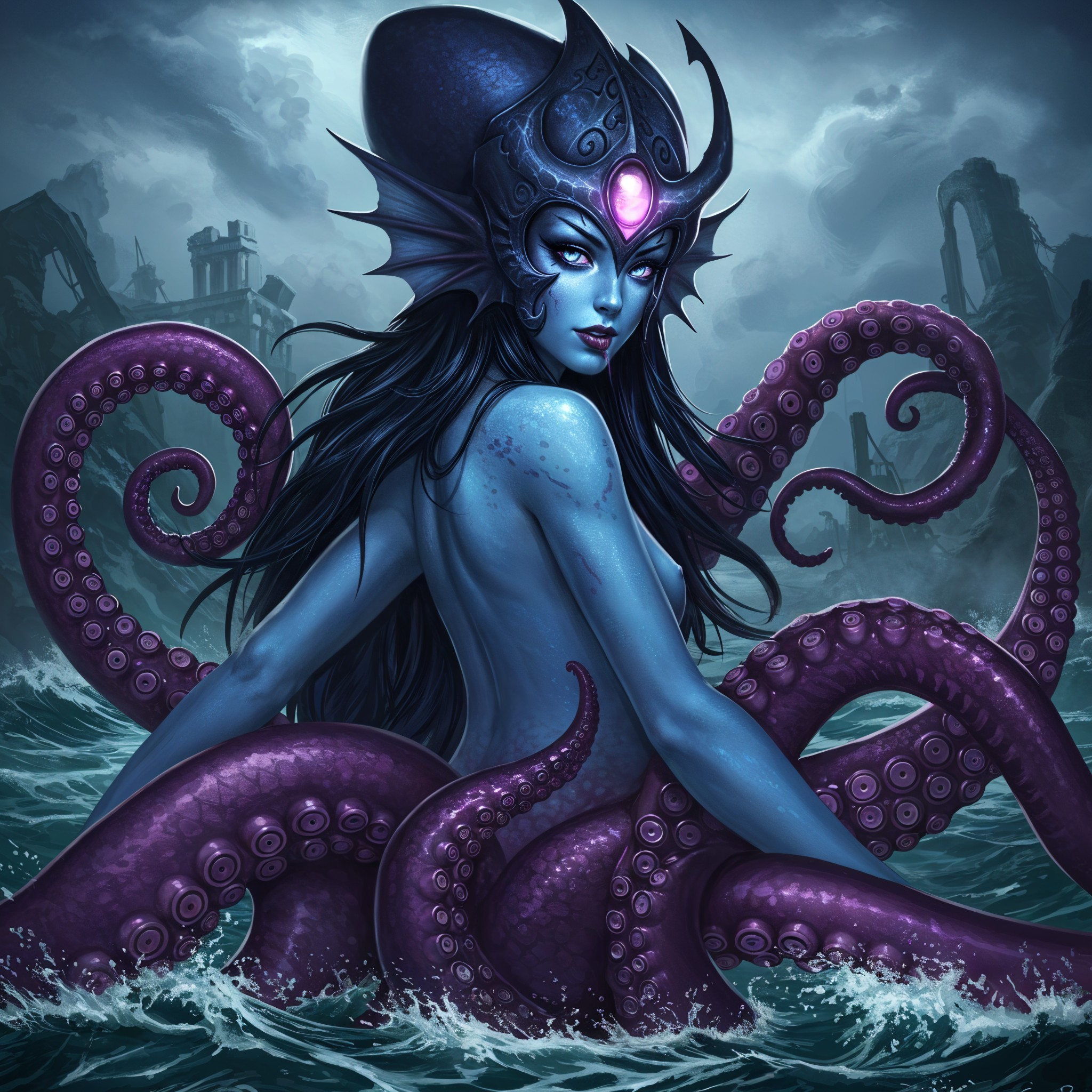 Mystical Underwater Scene with Blue Figure and Tentacles