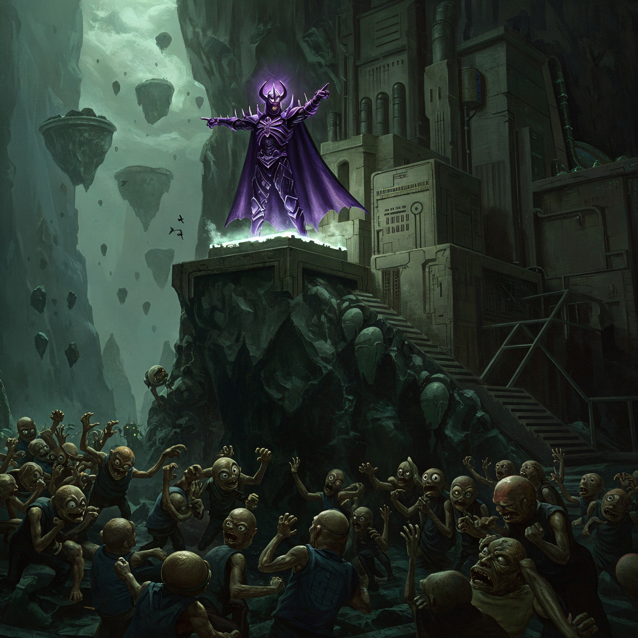 Cloaked Figure with Purple Aura in Mystical Landscape