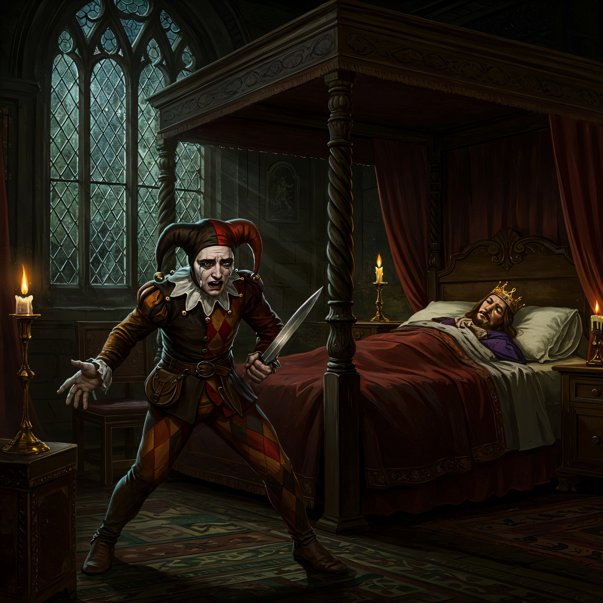 Jester with Knife in Dark Medieval Chamber Scene