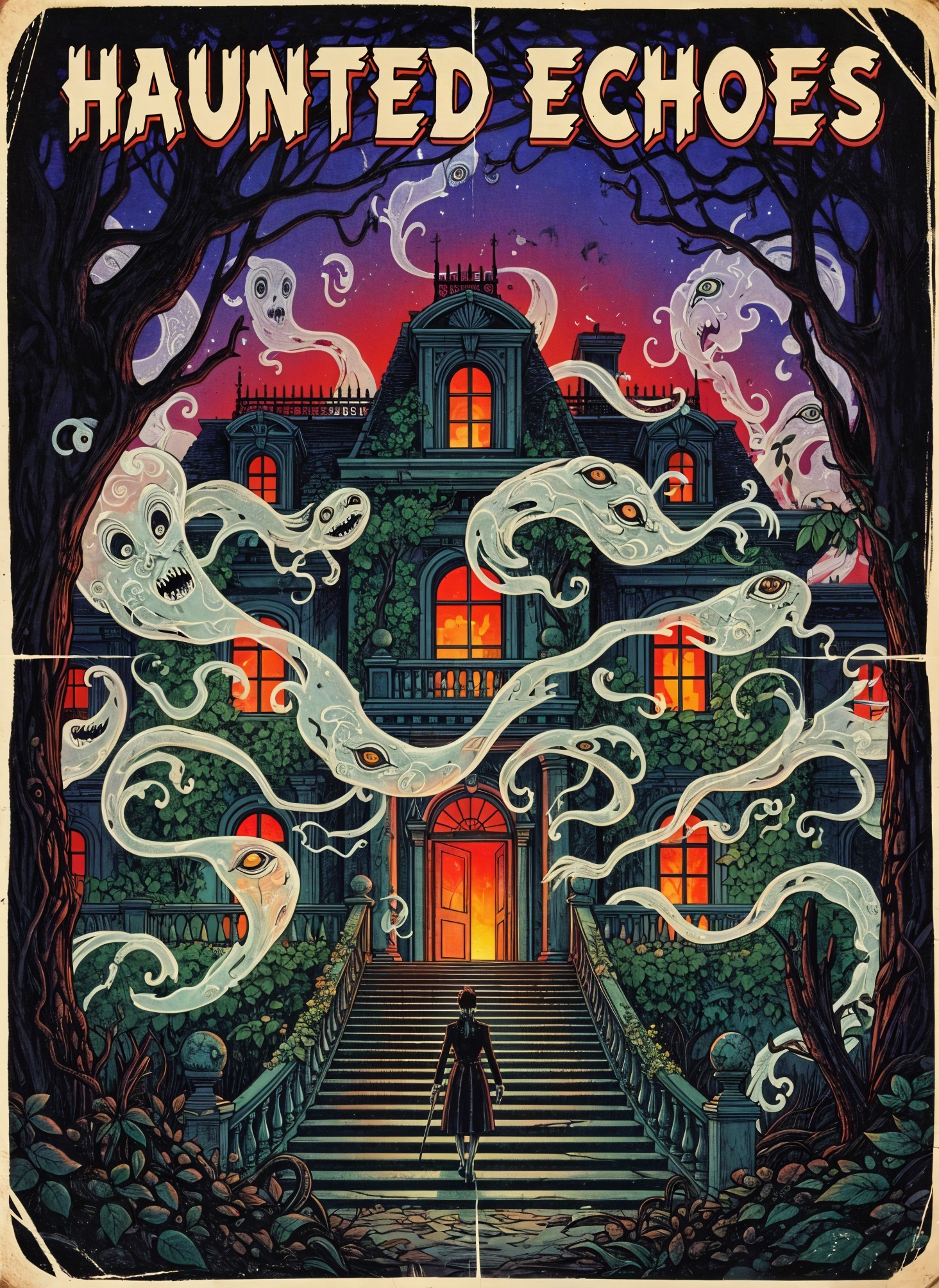 Mysterious Figure Approaches Ivy-Covered Mansion at Dusk