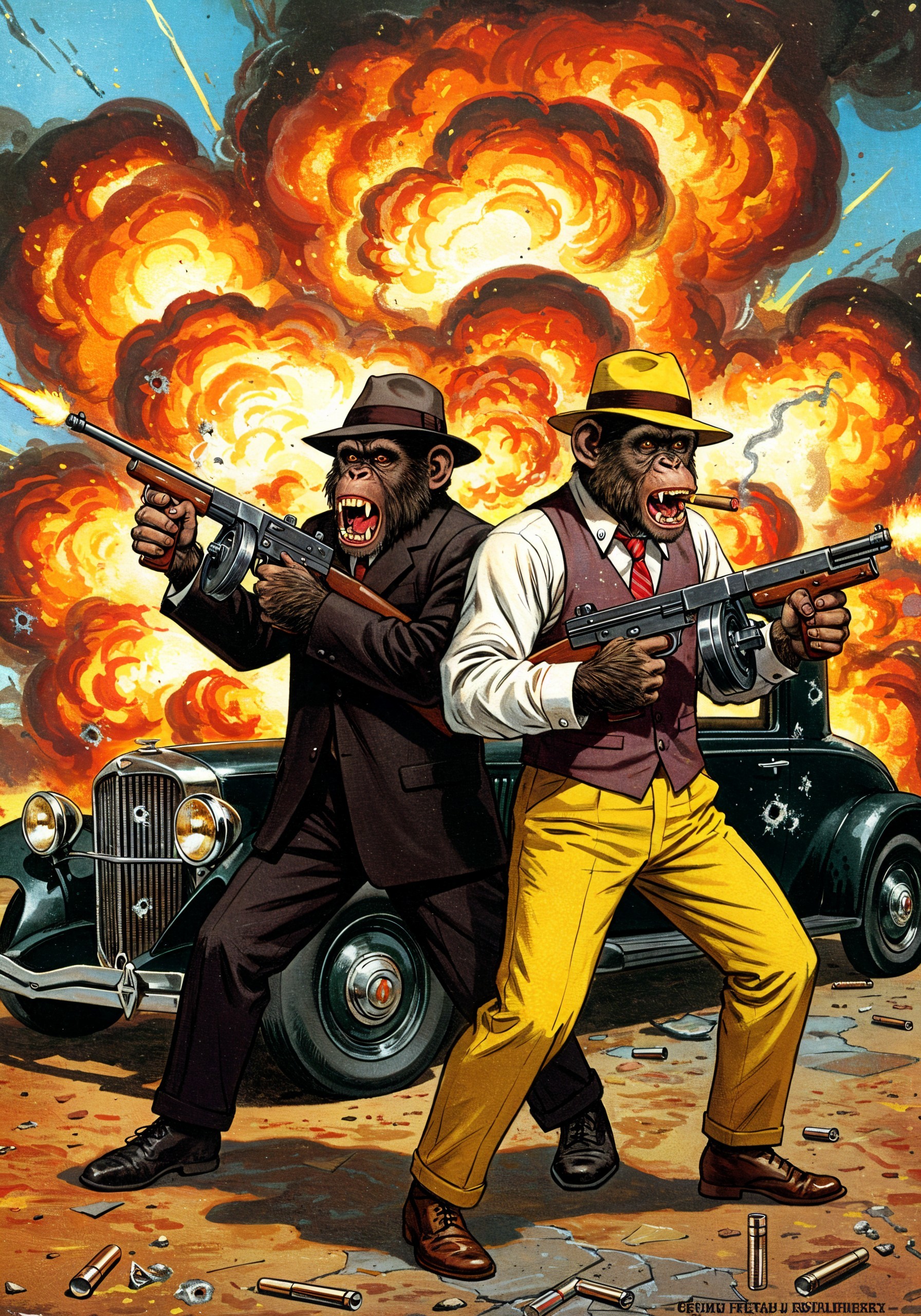 Anthropomorphic Apes in Gangster Attire with Tommy Guns