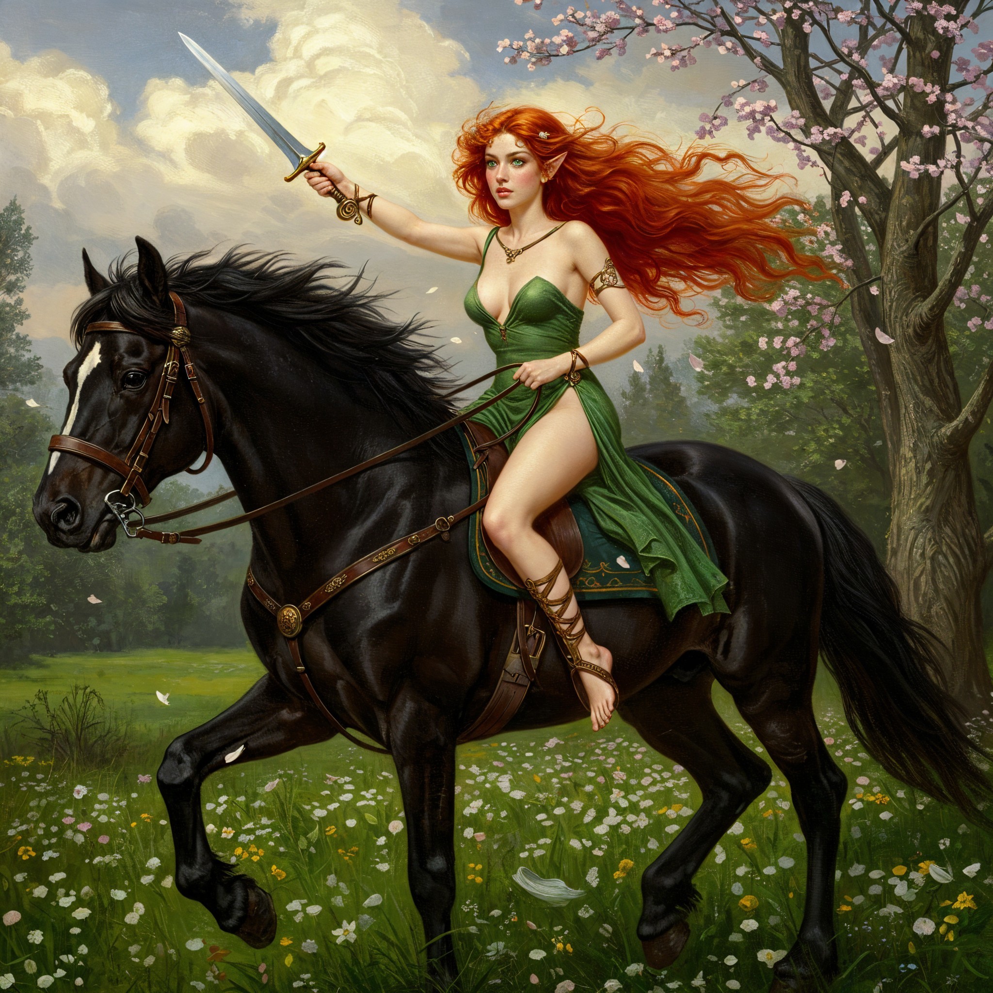 Fierce warrior in green gown rides black horse in meadow