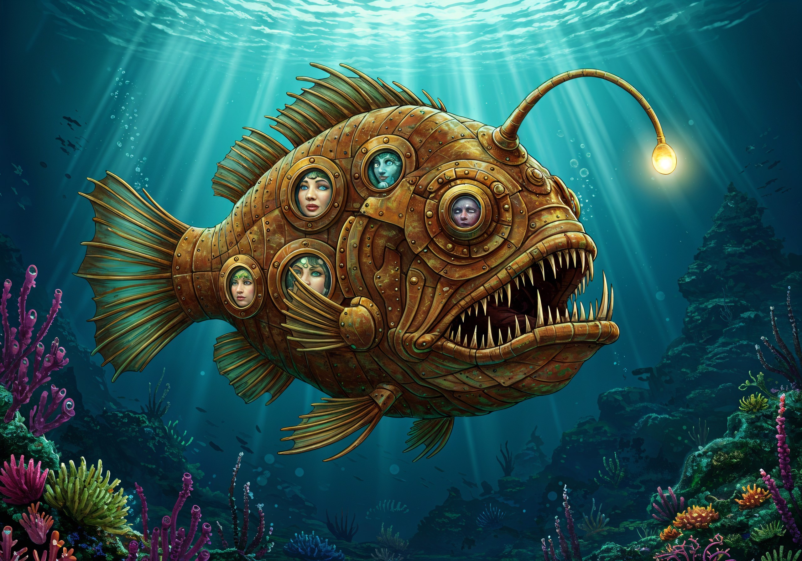 Steampunk Fish in Ethereal Underwater Scene