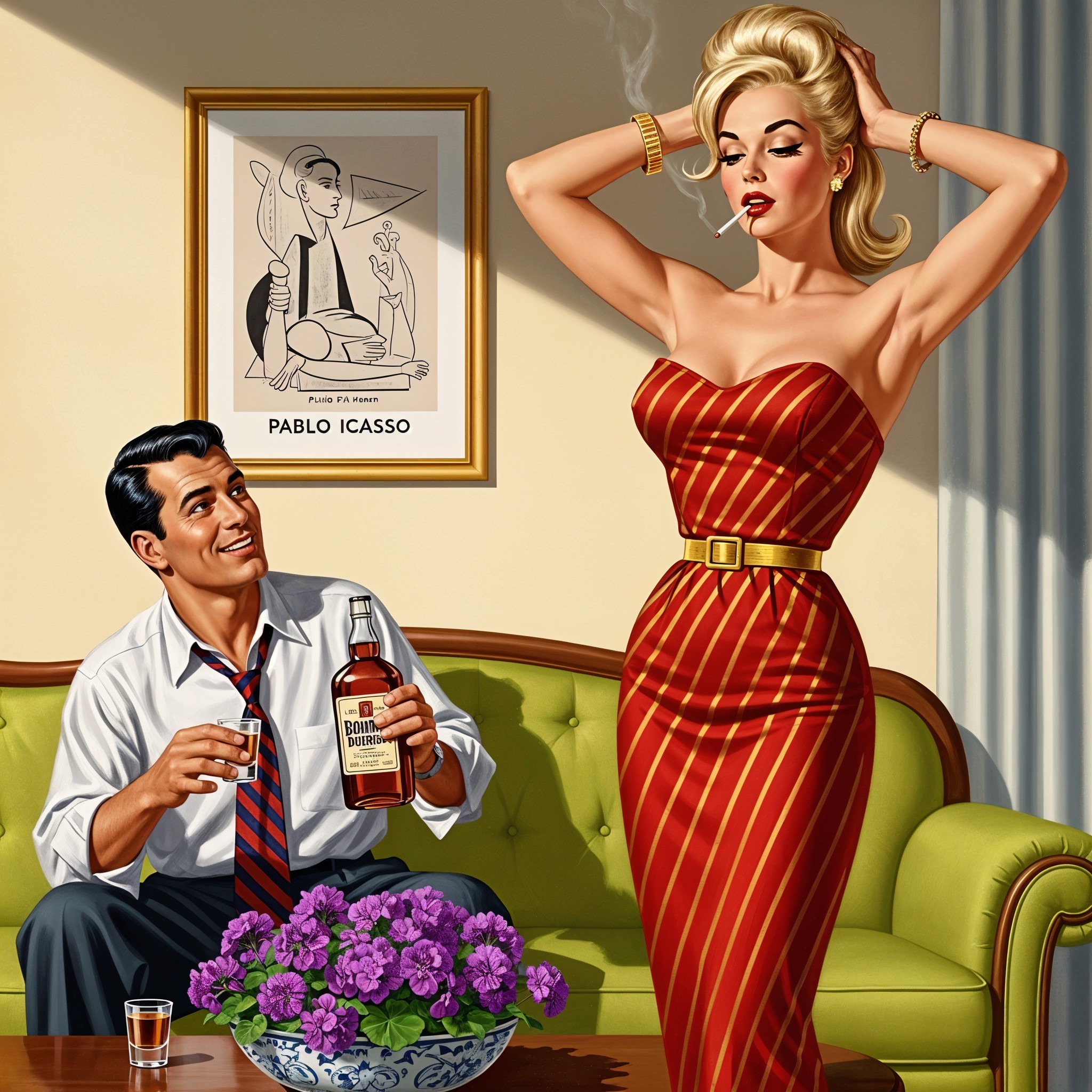 Vintage Glamour with Red Striped Dress and Whiskey