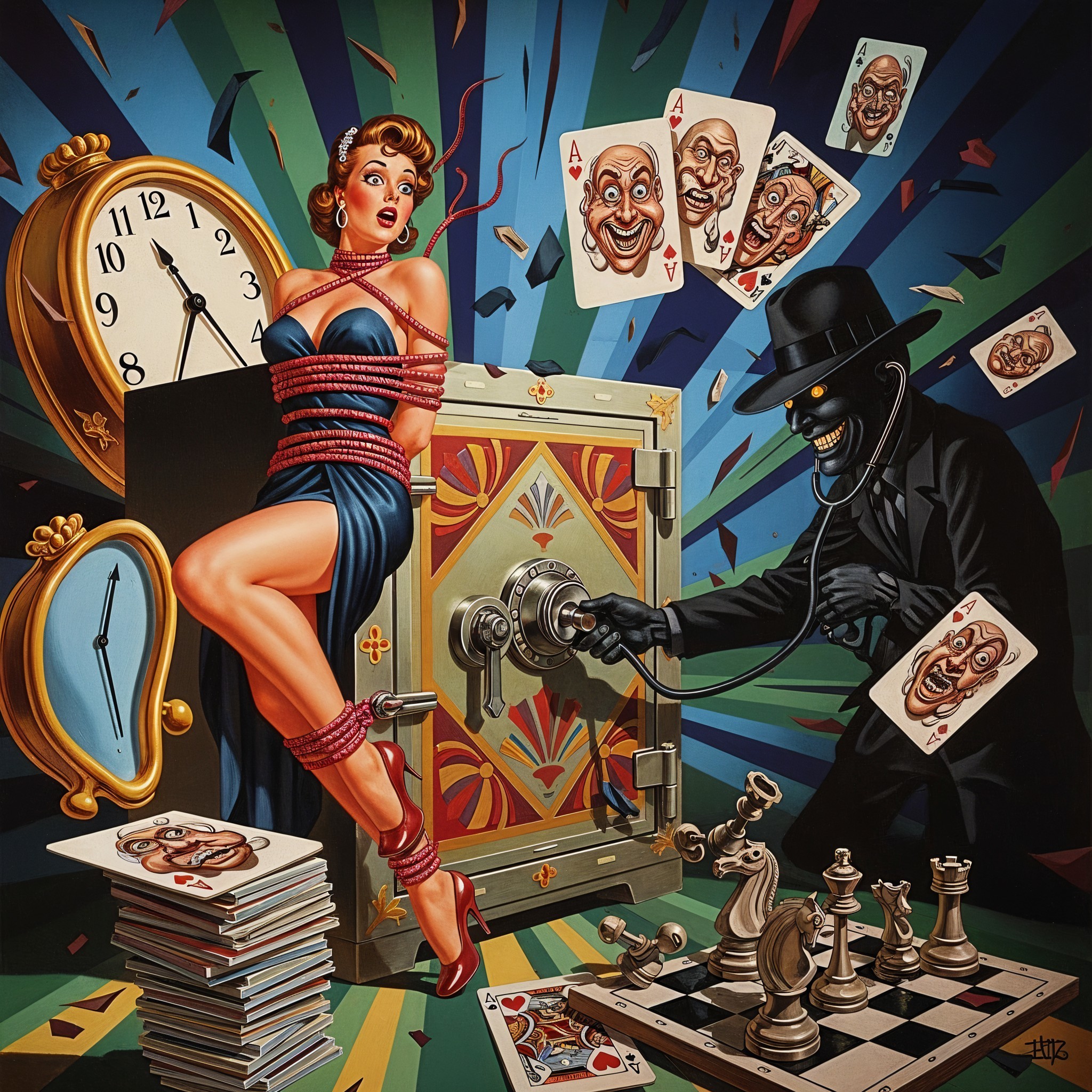 Glamorous Woman and Masked Figure by an Ornate Safe