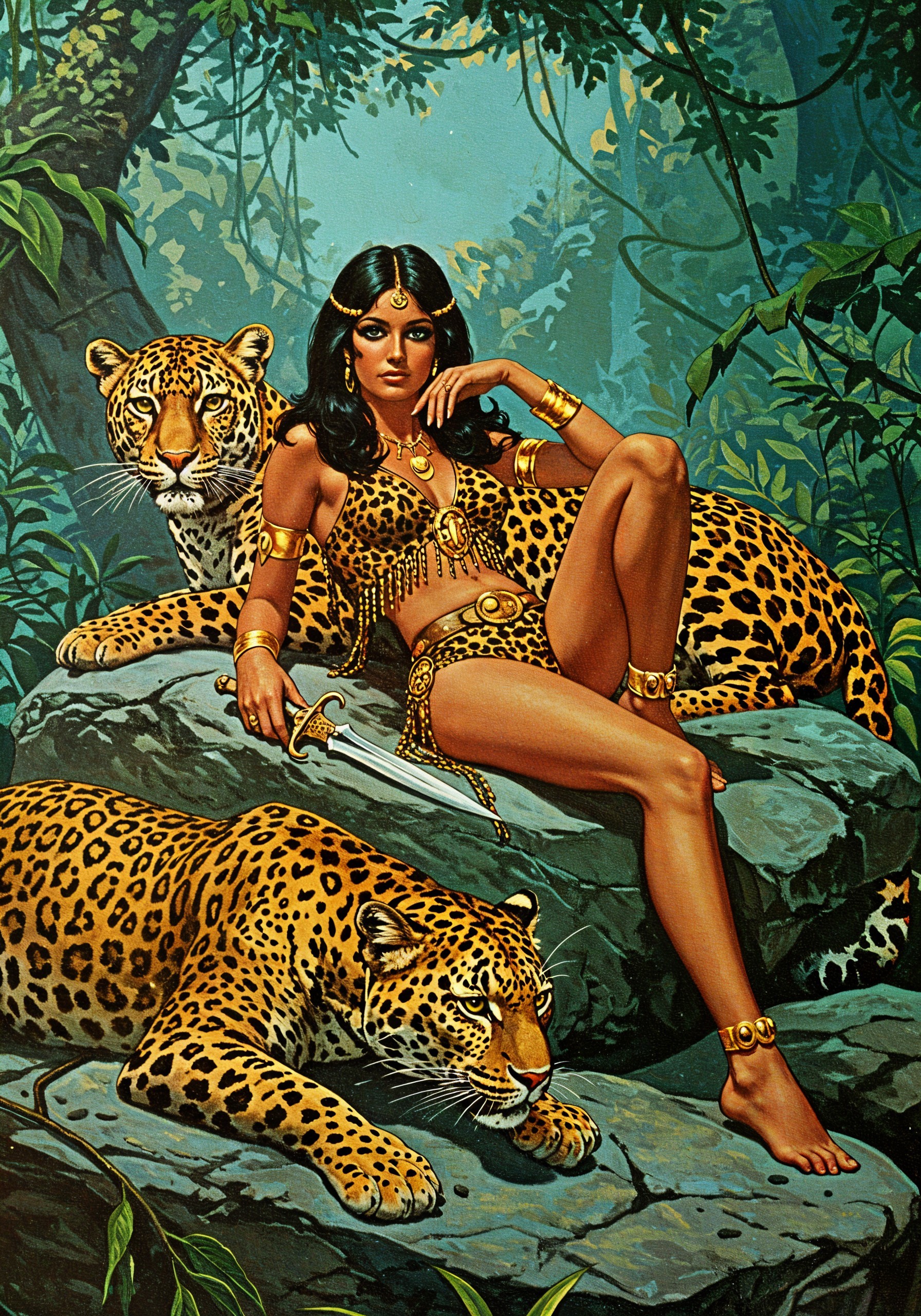 Woman in Leopard Outfit with Leopards in Jungle